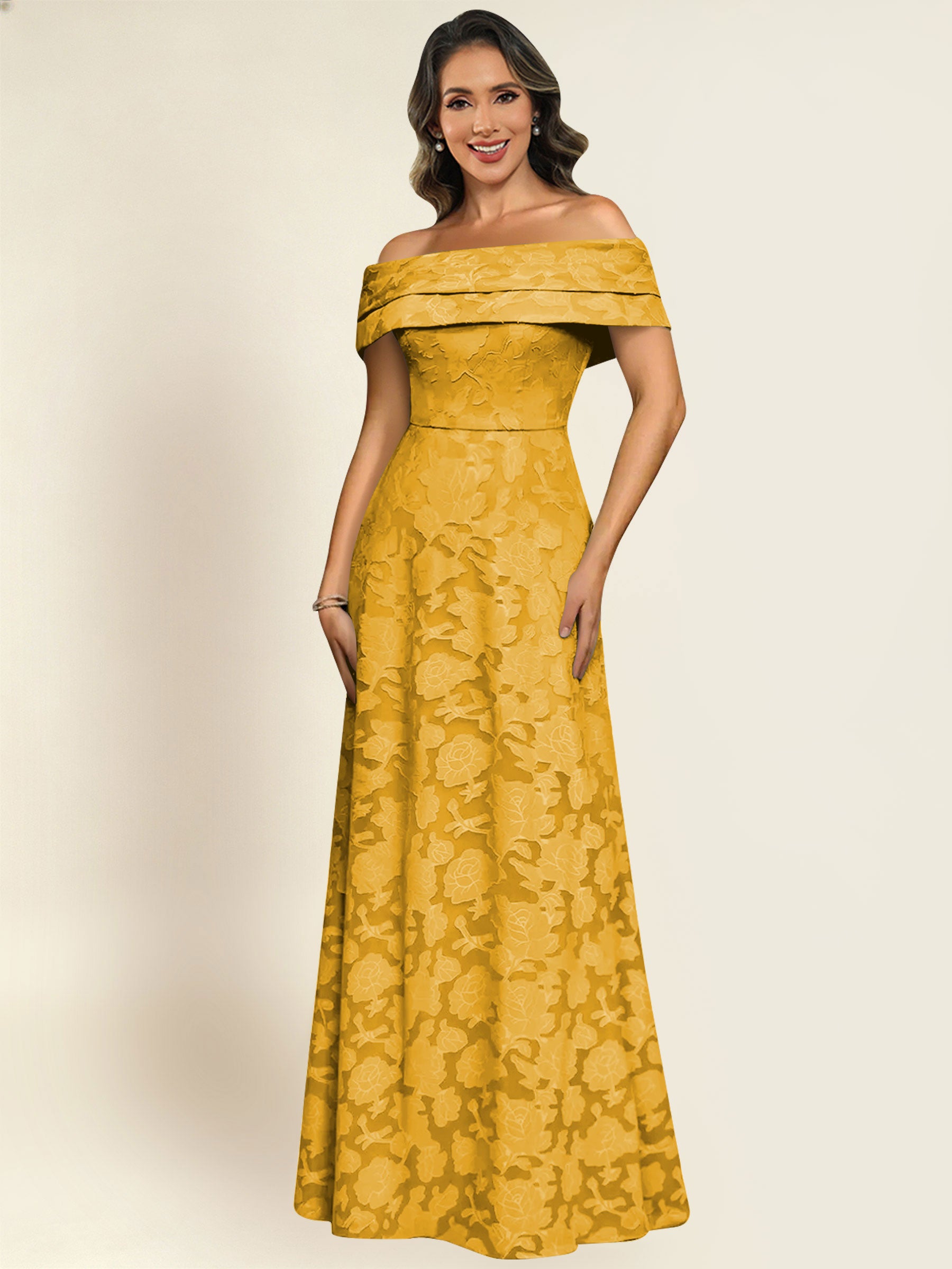 ROVDESY Off the Shoulder Floral Jacquard A-Line Long Mother of the Bride Dress