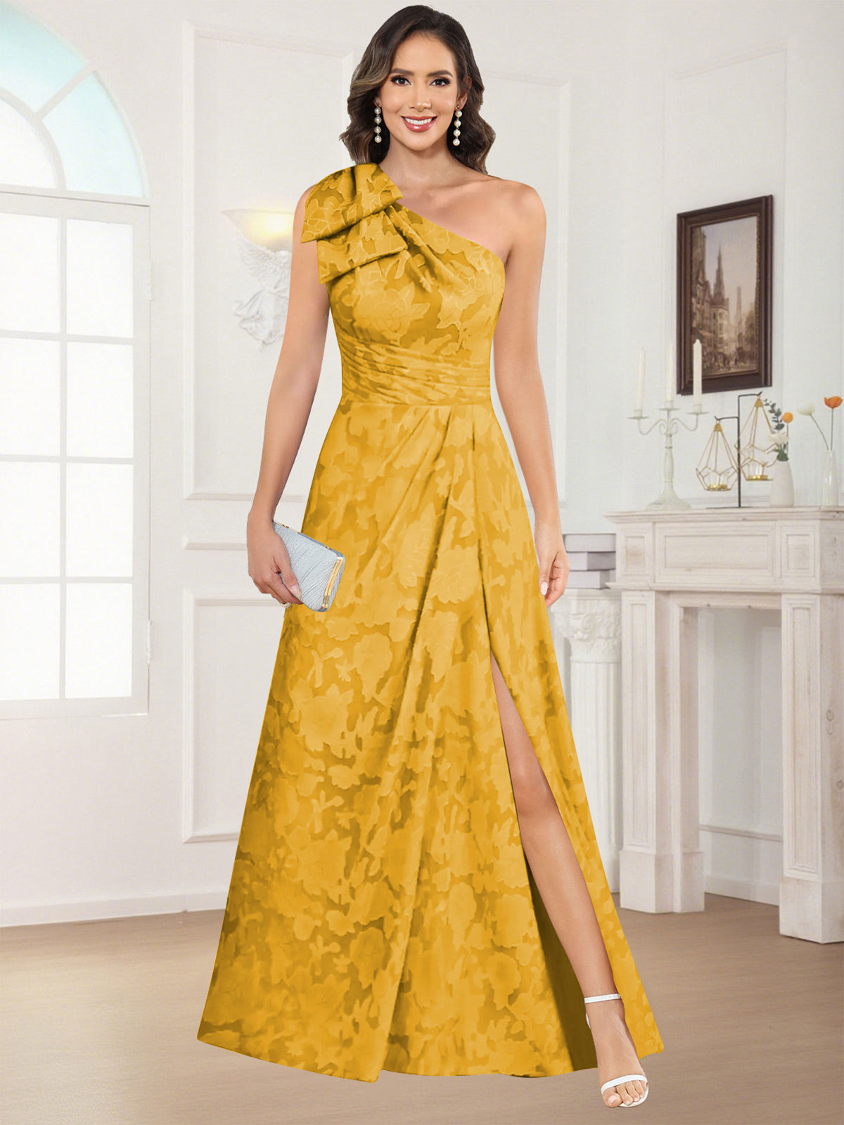 One Shoulder Floral Jacquard Mother of the Bride Dress