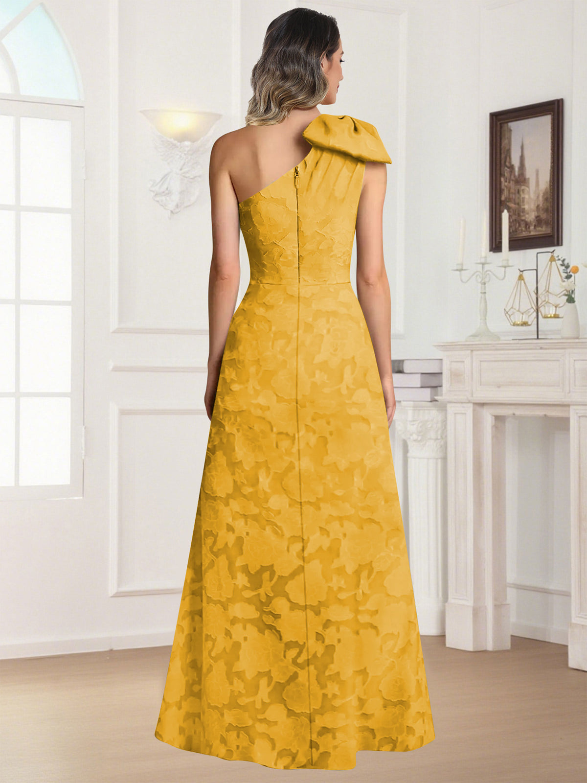 One Shoulder Floral Jacquard Mother of the Bride Dress