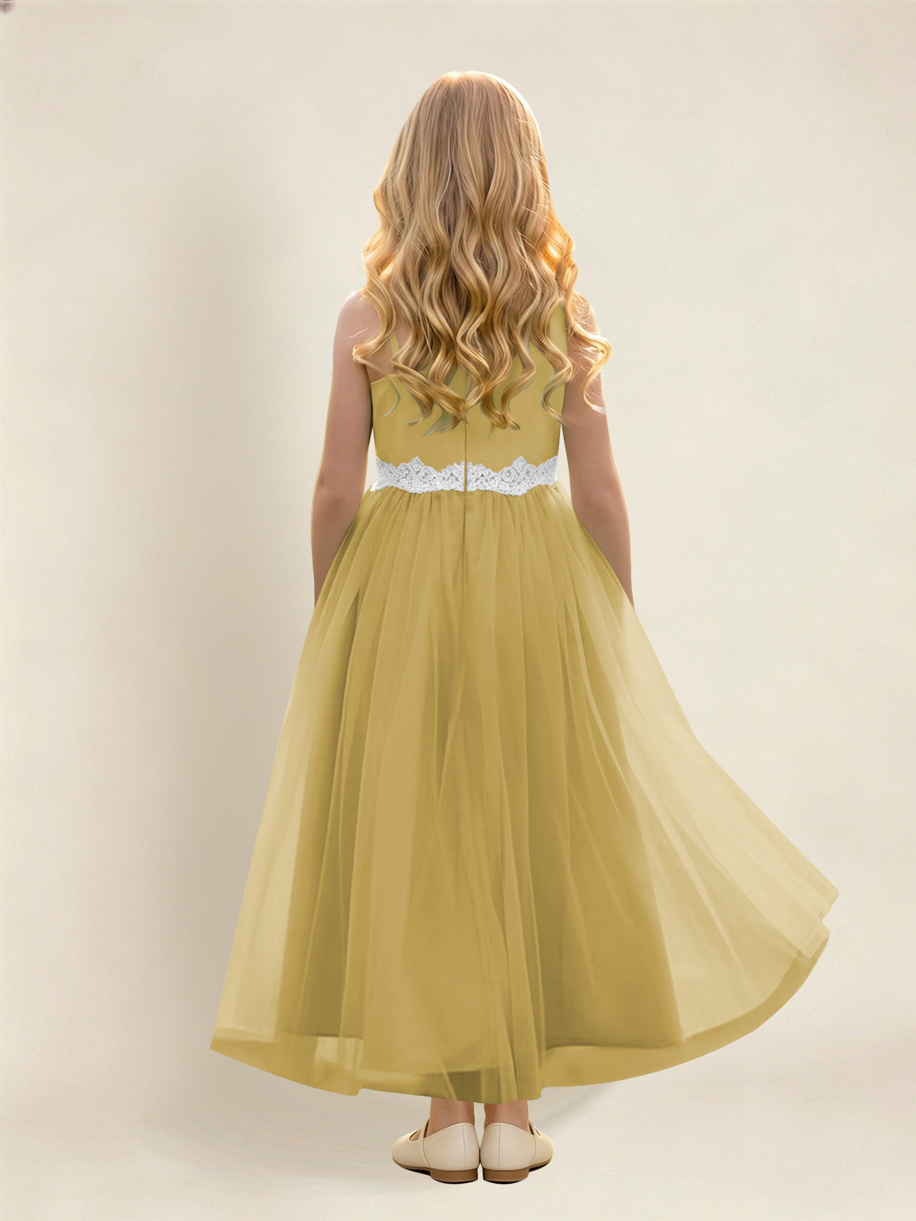 ROVDESY Asymmetric One Shoulder  Satin  Tulle Junior Bridesmaid Dress