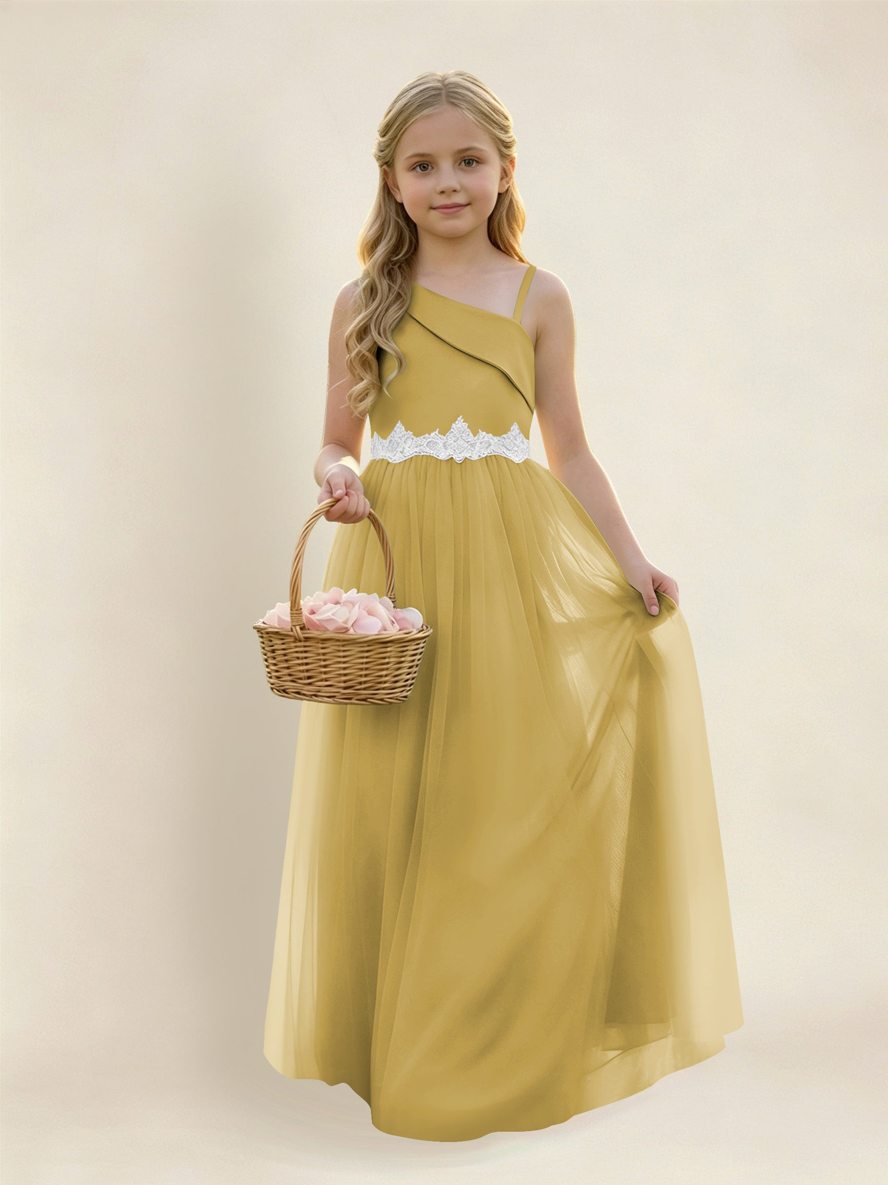 ROVDESY Asymmetric One Shoulder  Satin  Tulle Junior Bridesmaid Dress
