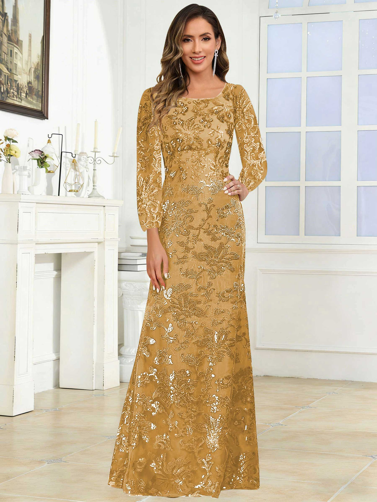 Crew Neck Sequin Lace Long Sleeve Mother of the Bride Dress