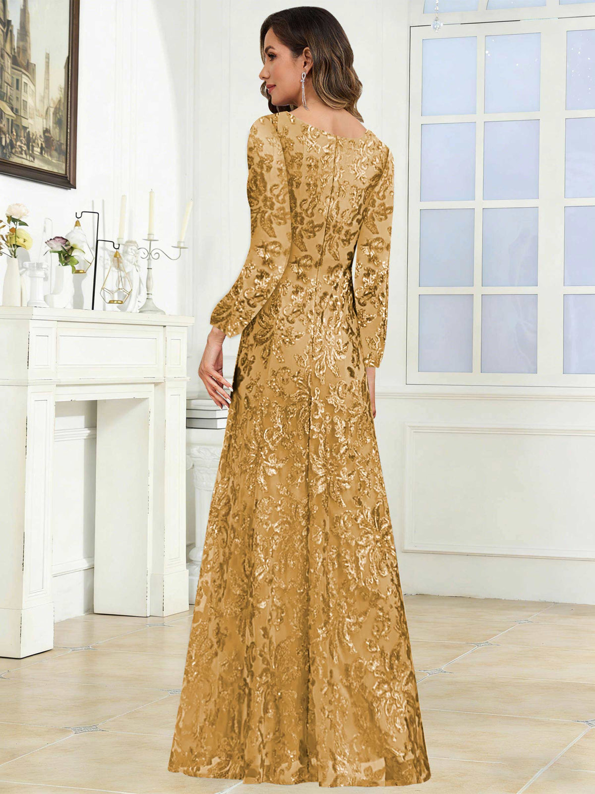 Crew Neck Sequin Lace Long Sleeve Mother of the Bride Dress
