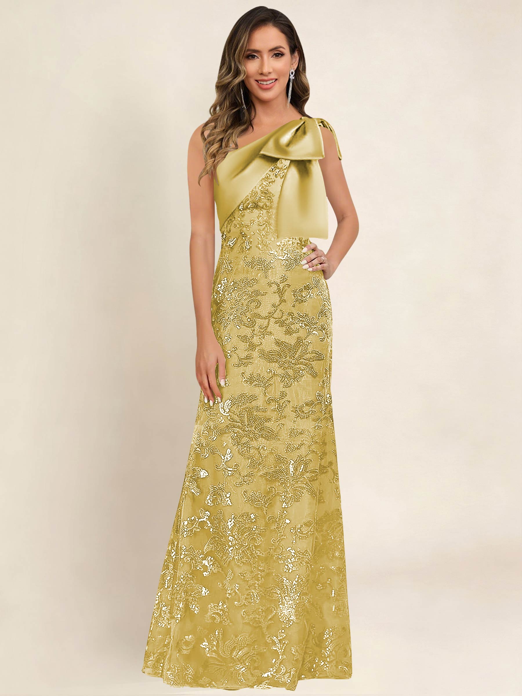 ROVDESY One Shoulder Sequin Mermaid Long Mother Of The Bride Dress Formal Gown With Bow