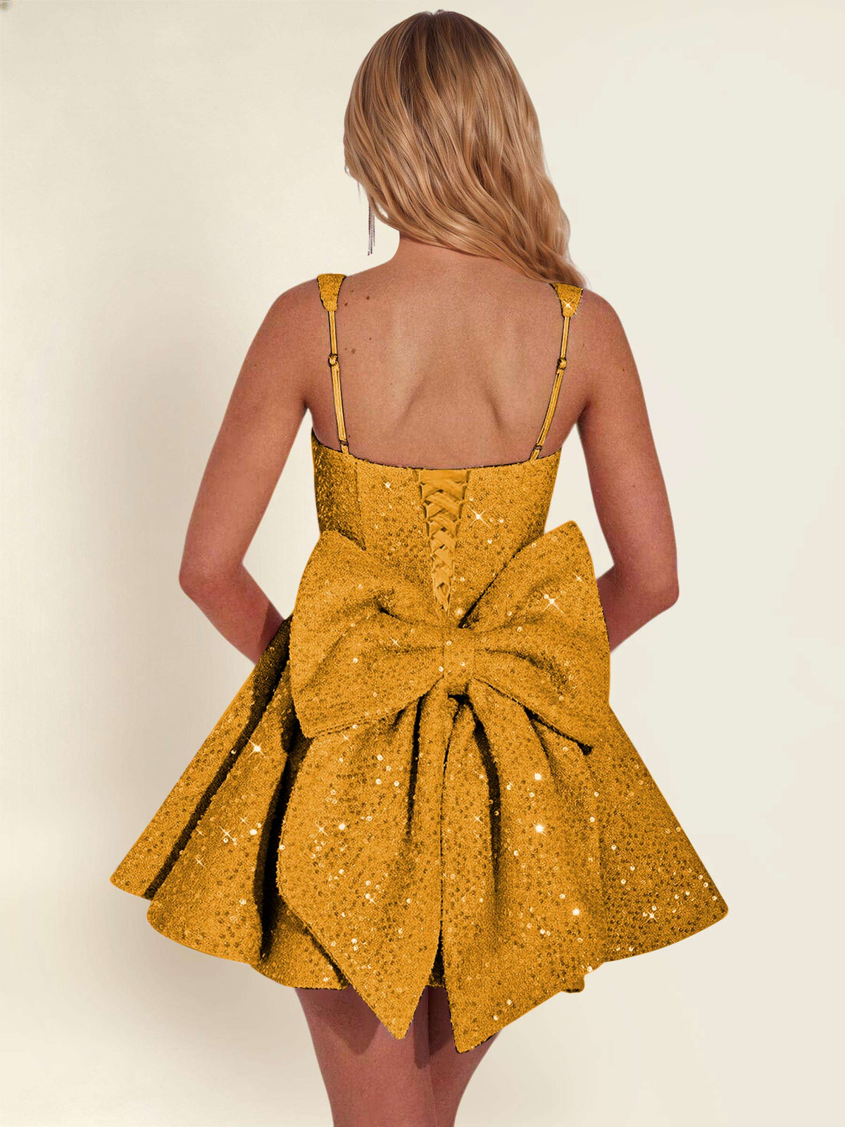 ROVDESY Sparkly Sequin A-Line Square Neck Homecoming Mini Dress With Big Bow