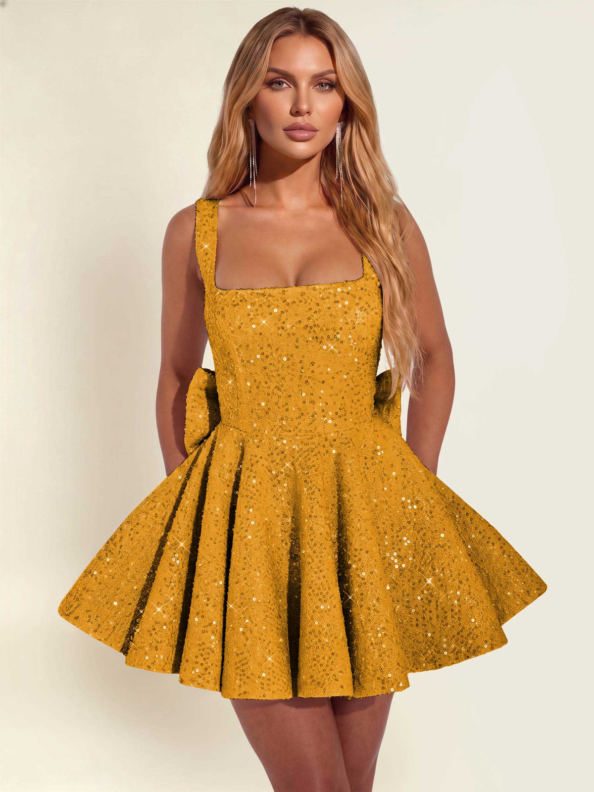 ROVDESY Sparkly Sequin A-Line Square Neck Homecoming Mini Dress With Big Bow