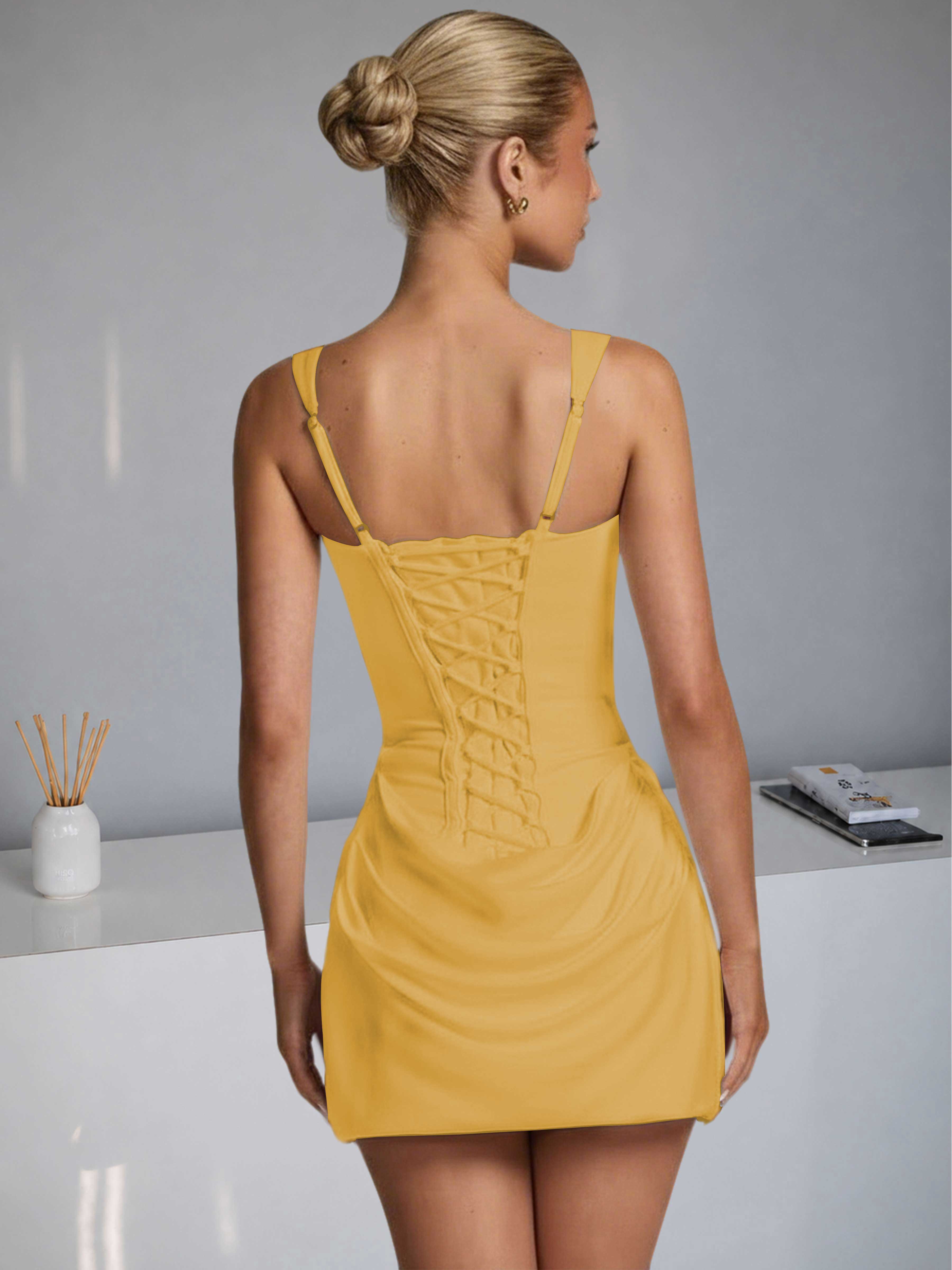 ROVDESY Square Neck Ruched Satin Homecoming Mini Dress