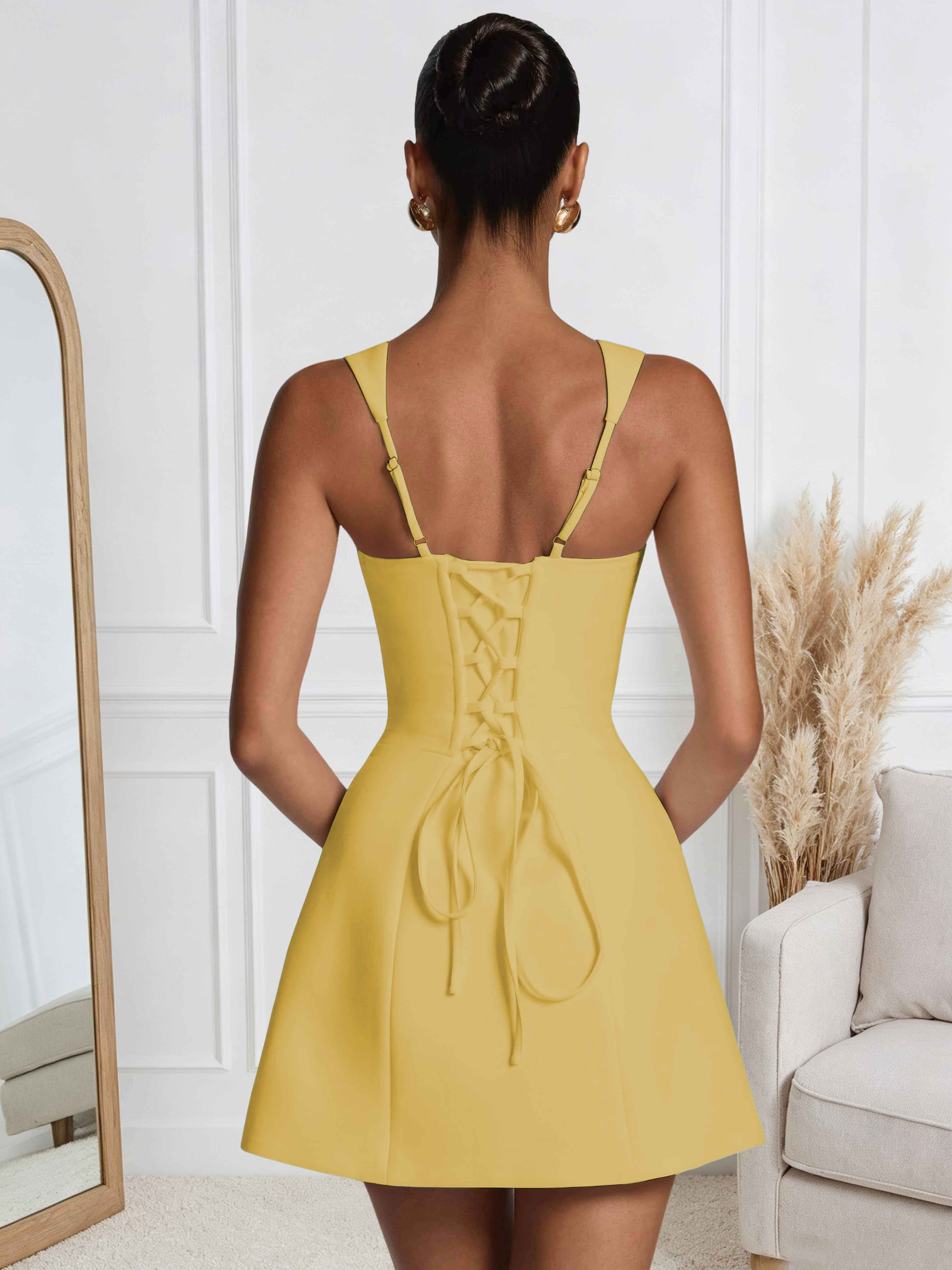 ROVDESY A-Line Square Neck Satin Homecoming Mini Dress