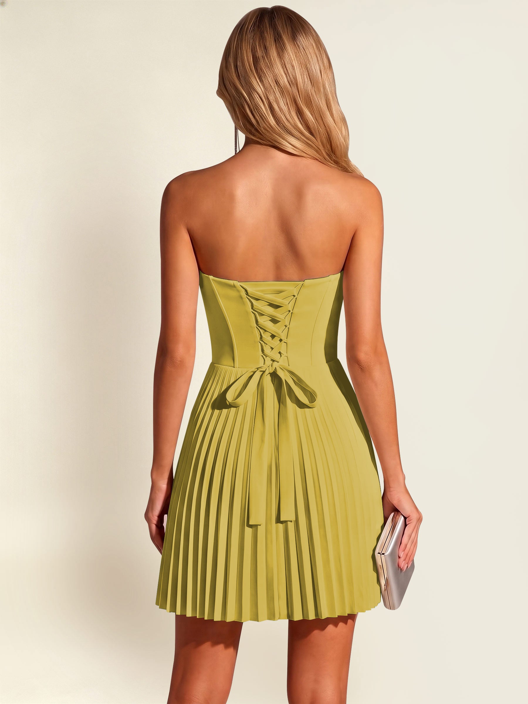 ROVDESY A-Line Strapless Pleated Satin Homecoming Mini Dress