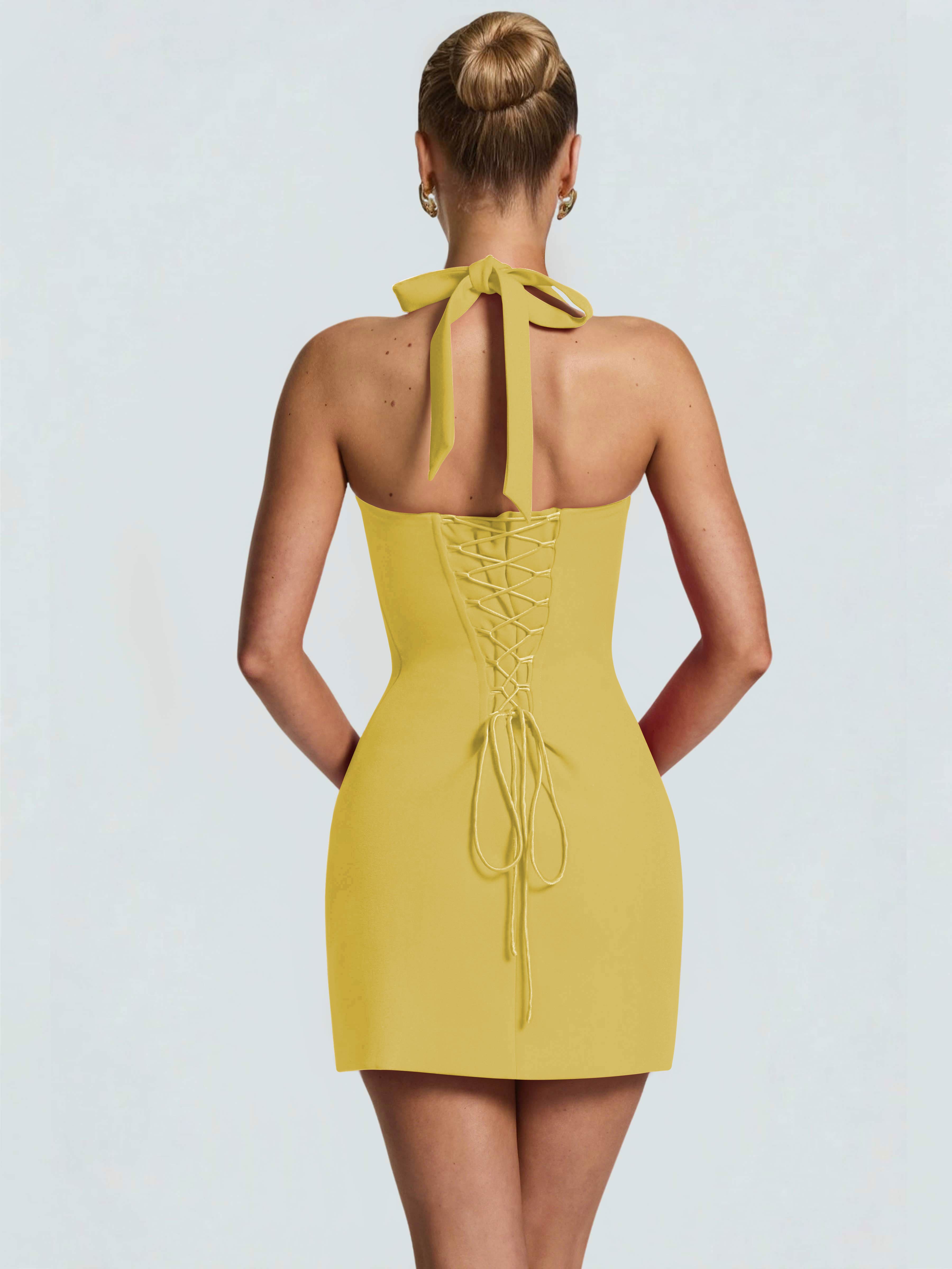 ROVDESY Halter Lace Satin Tight Homecoming Mini Dress