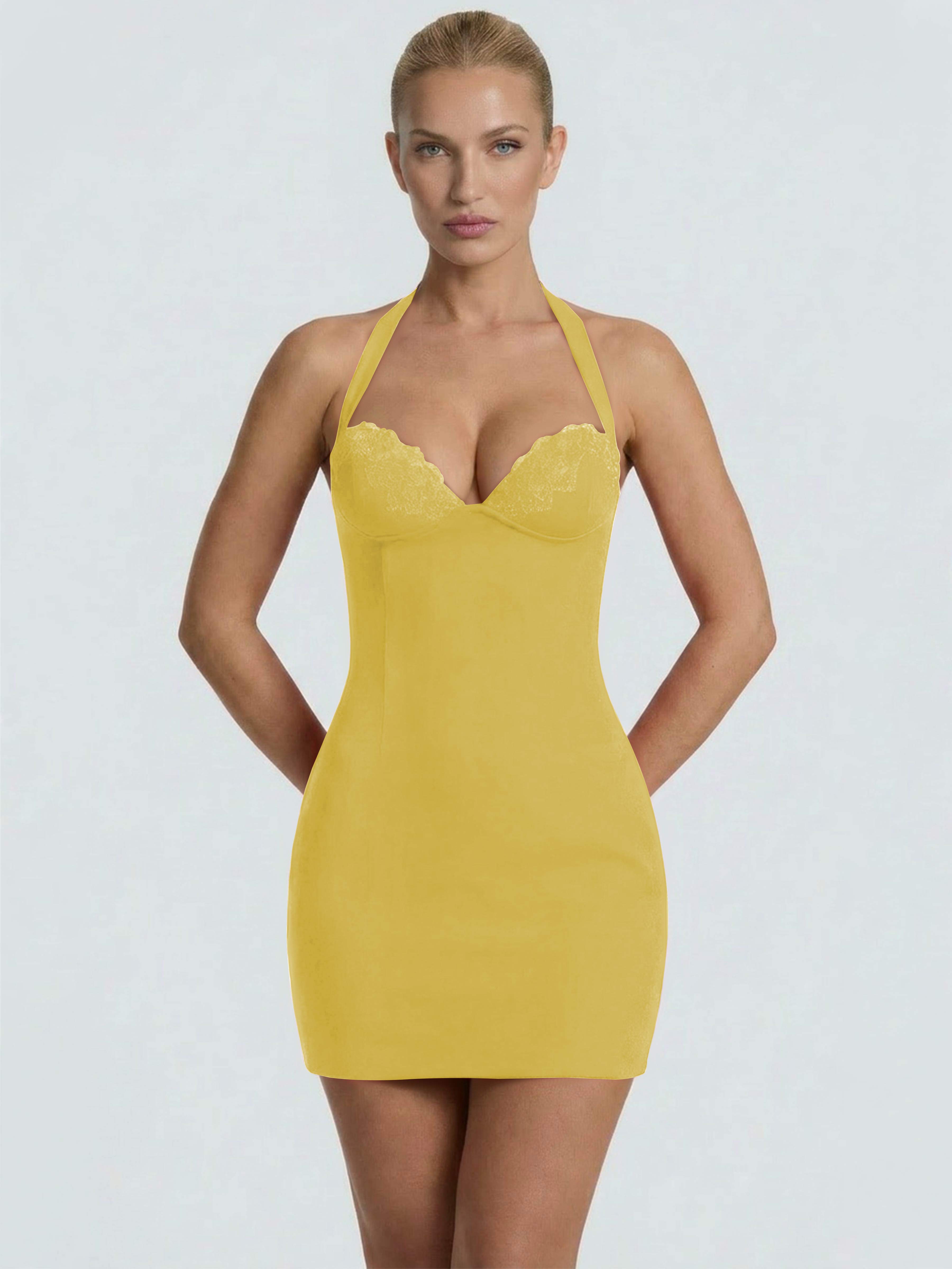 ROVDESY Halter Lace Satin Tight Homecoming Mini Dress