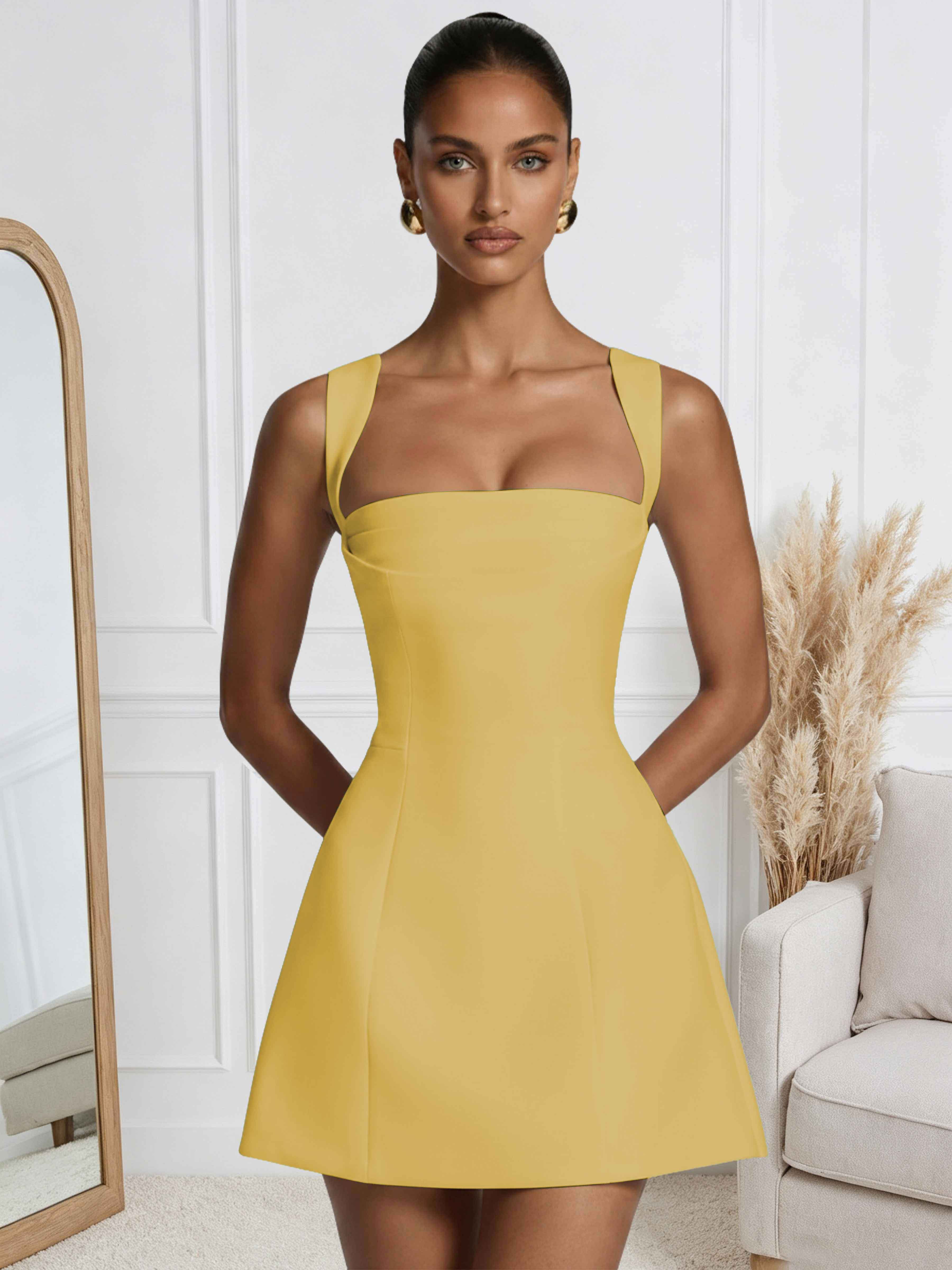 ROVDESY A-Line Square Neck Satin Homecoming Mini Dress