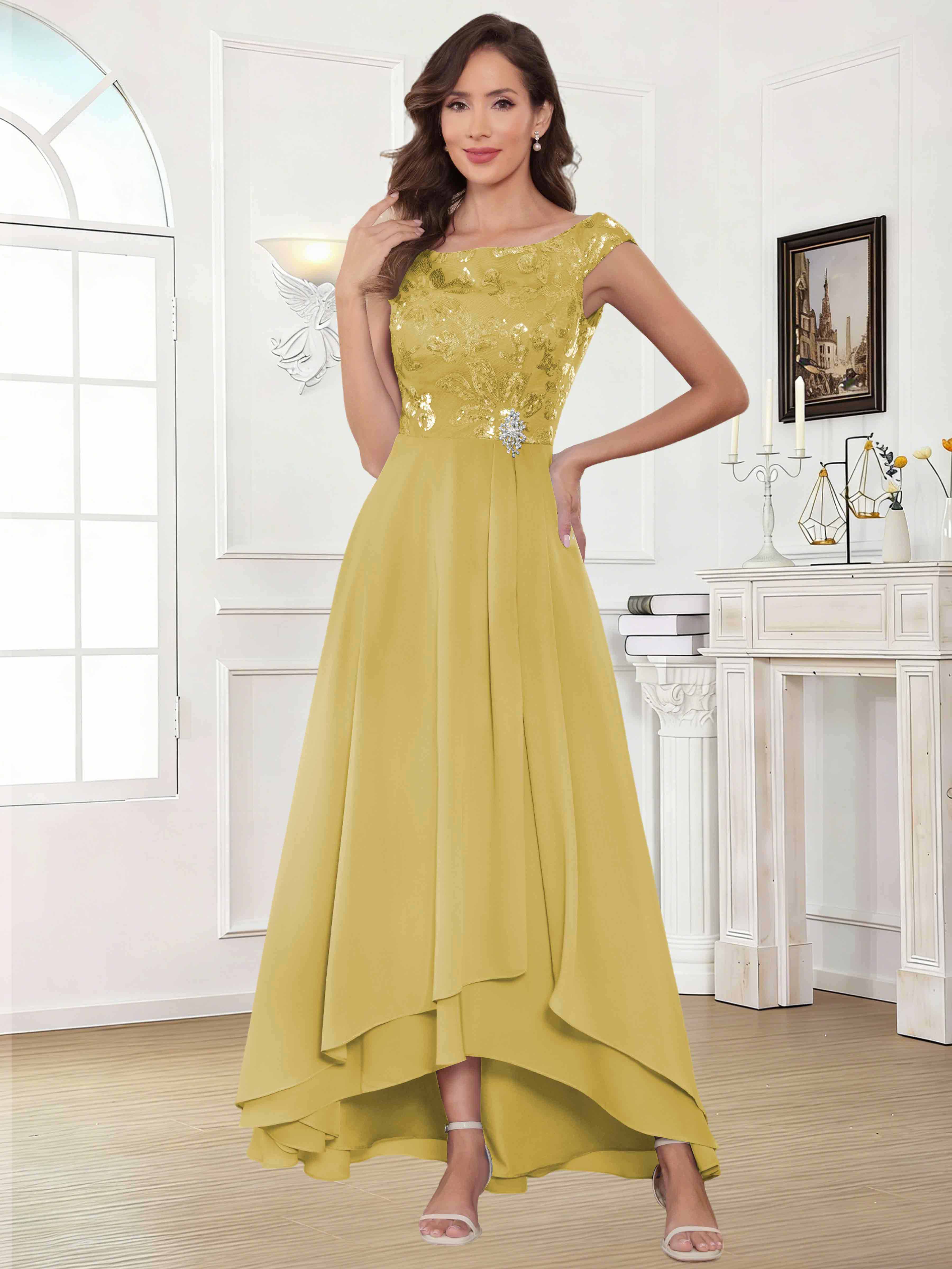 ROVDESY Tea Length Off-The-Shoulder Sequin Chiffon Mother Of The Bride Dress