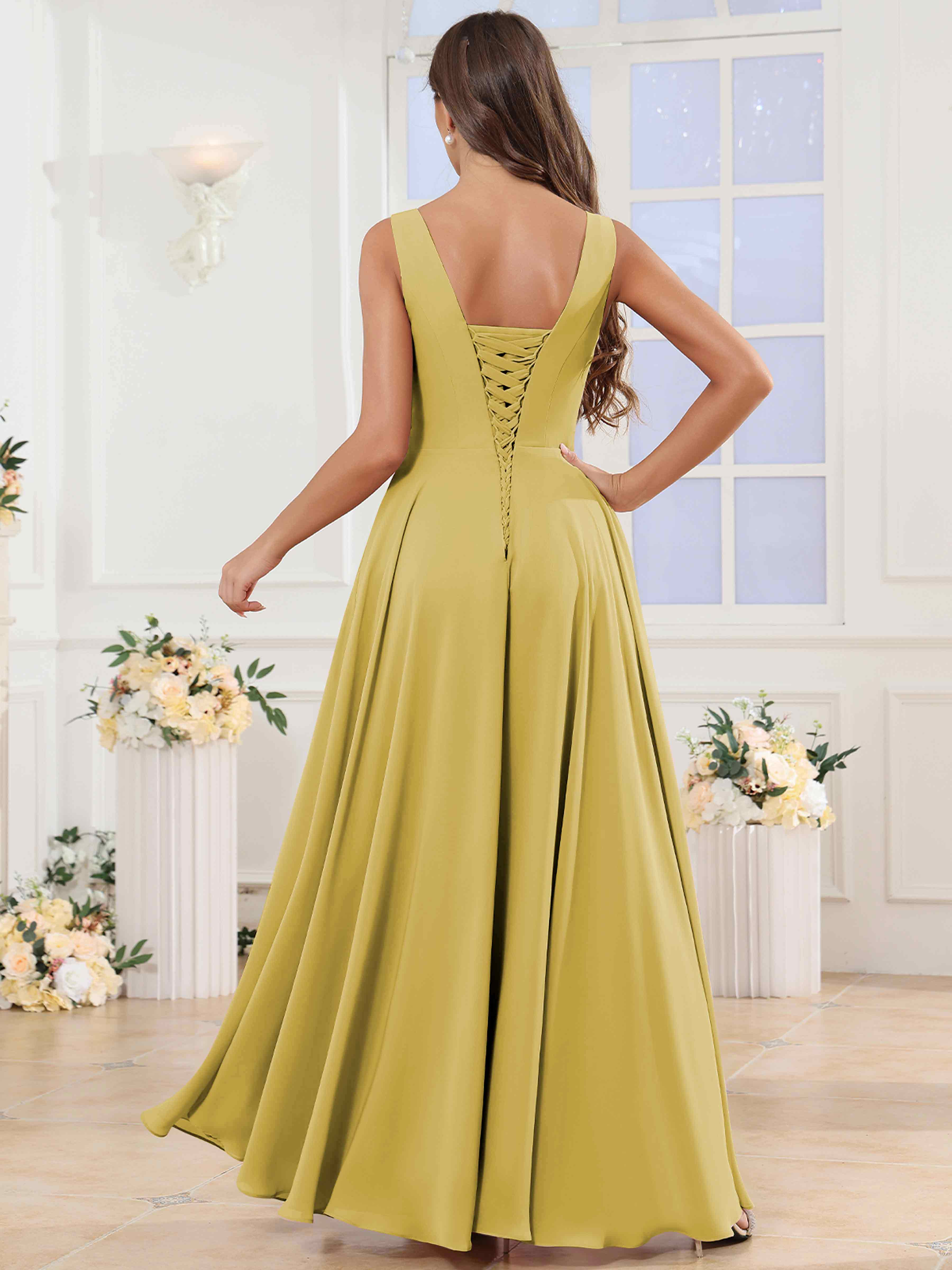ROVDESY V-Neck Pleated Sleeveless Ruffle Chiffon Bridesmaid Dress With Slit