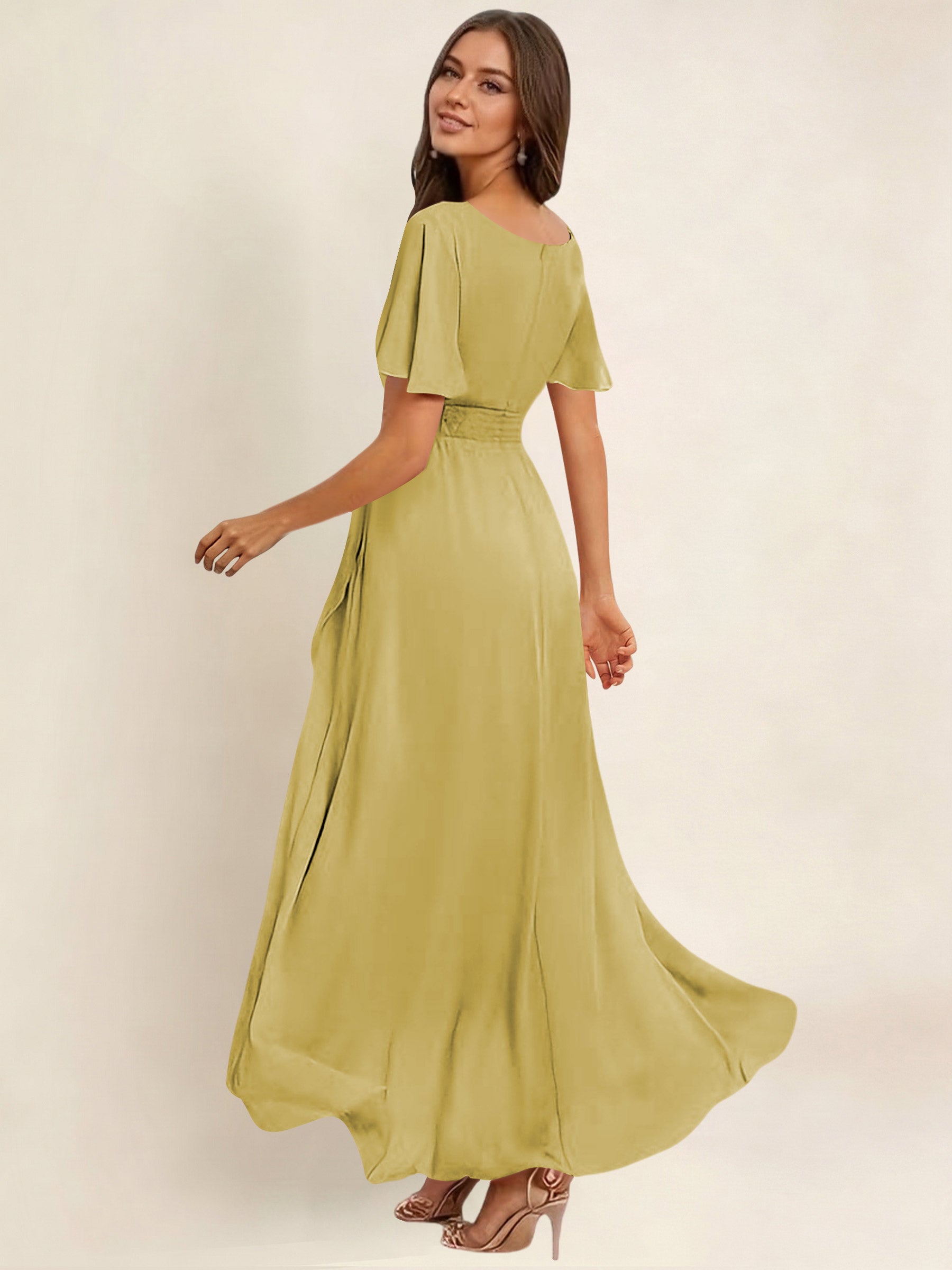 ROVDESY A-Line High Low Round Neck Pleated Ruffle Chiffon Bridesmaid Dress With Short Sleeves
