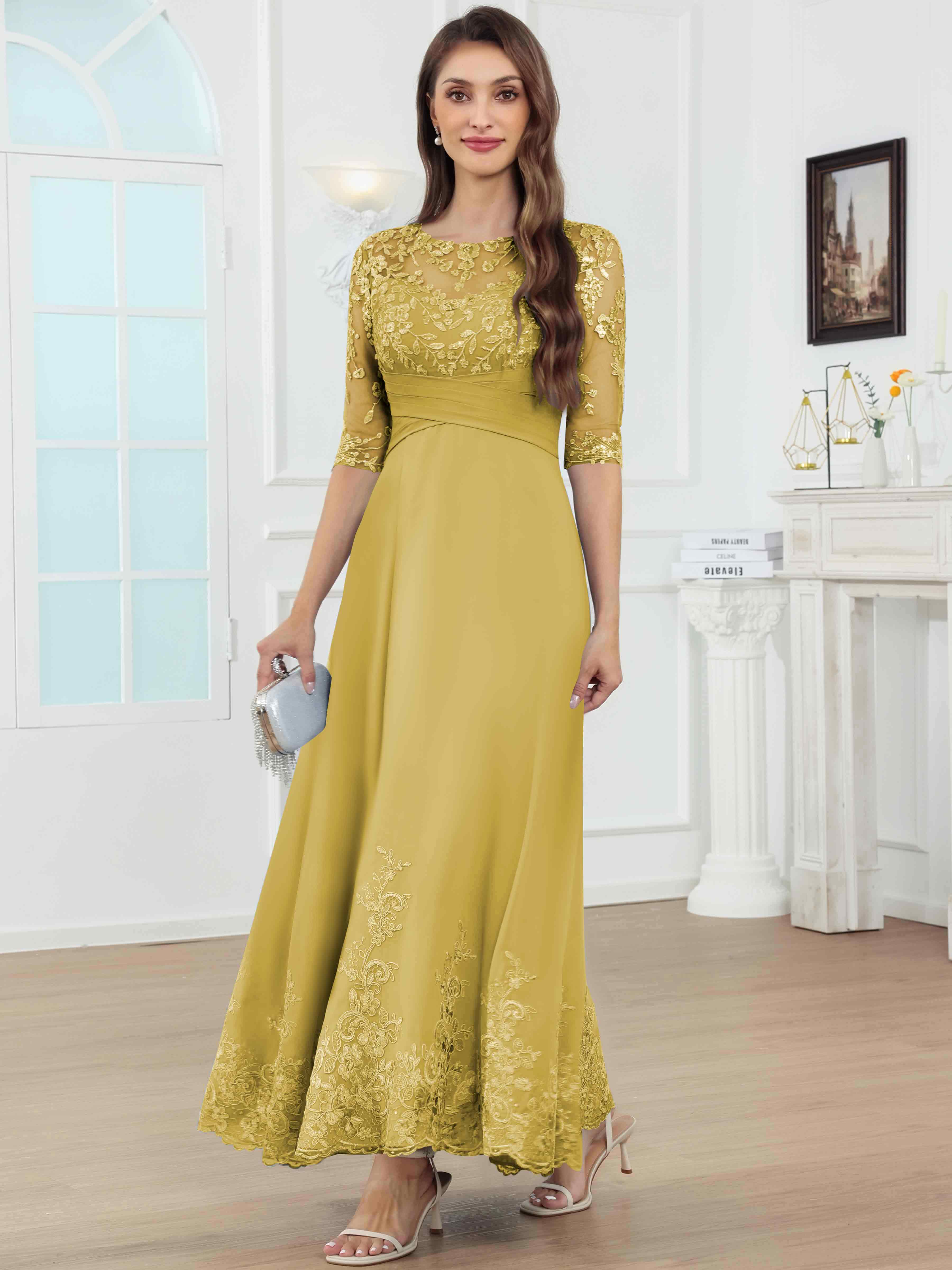 ROVDESY A-Line Lace Sequin Pleated Chiffon Mother Of The Bride Dress With Half Sleeves