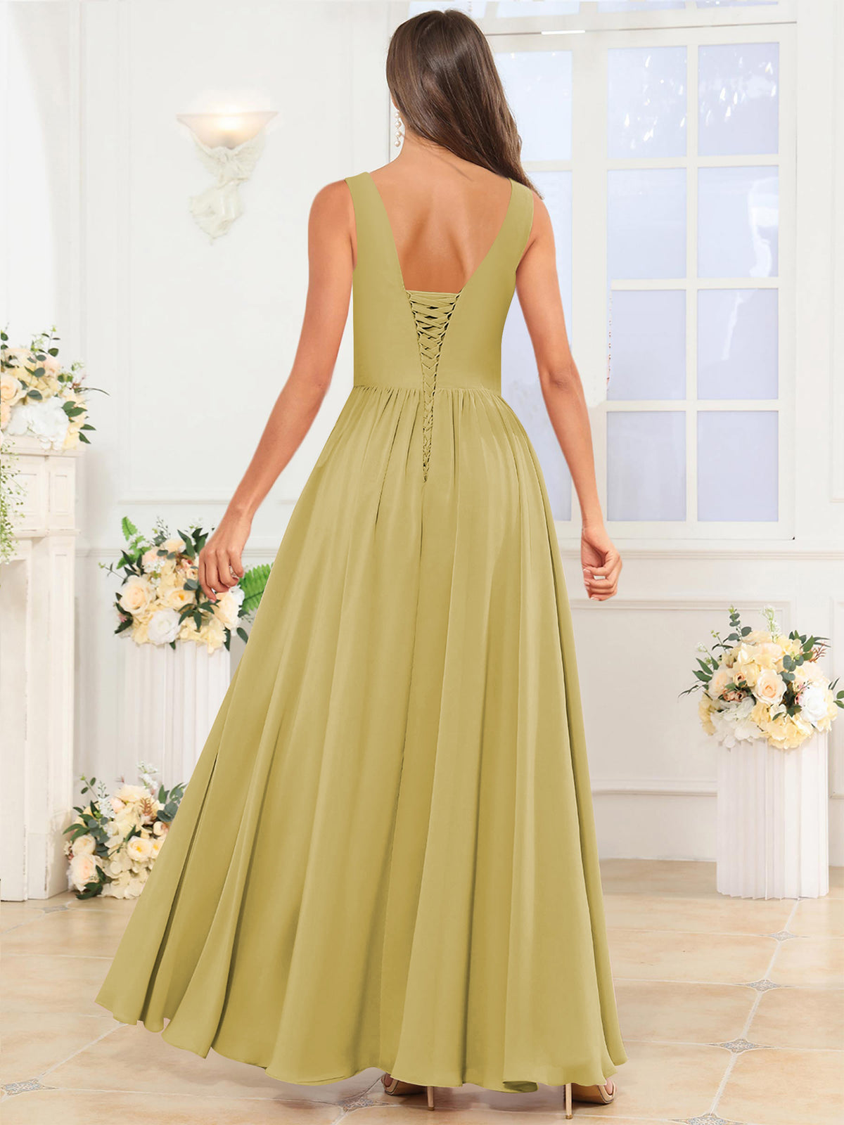V Neck Chiffon A Line Bridesmaid Dress with Slit