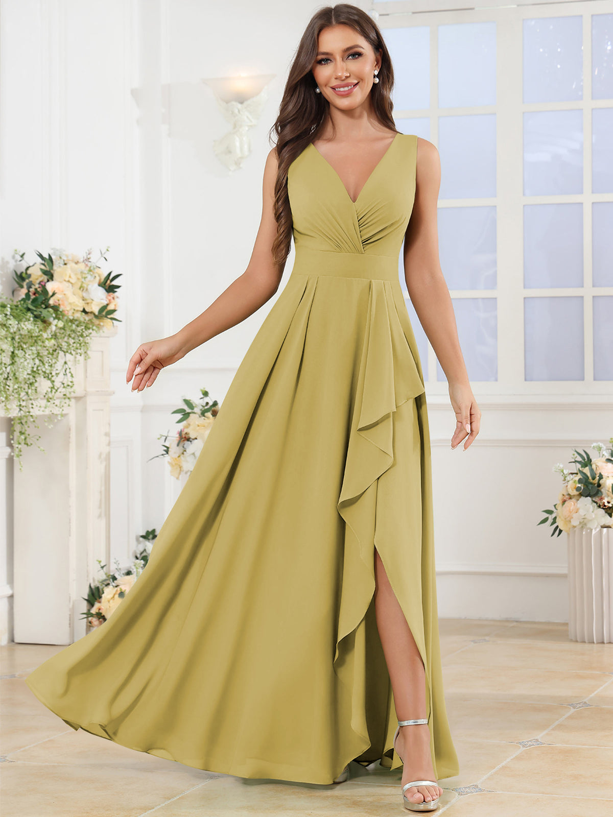 V Neck Chiffon A Line Ruffle Bridesmaid Dress with Slit