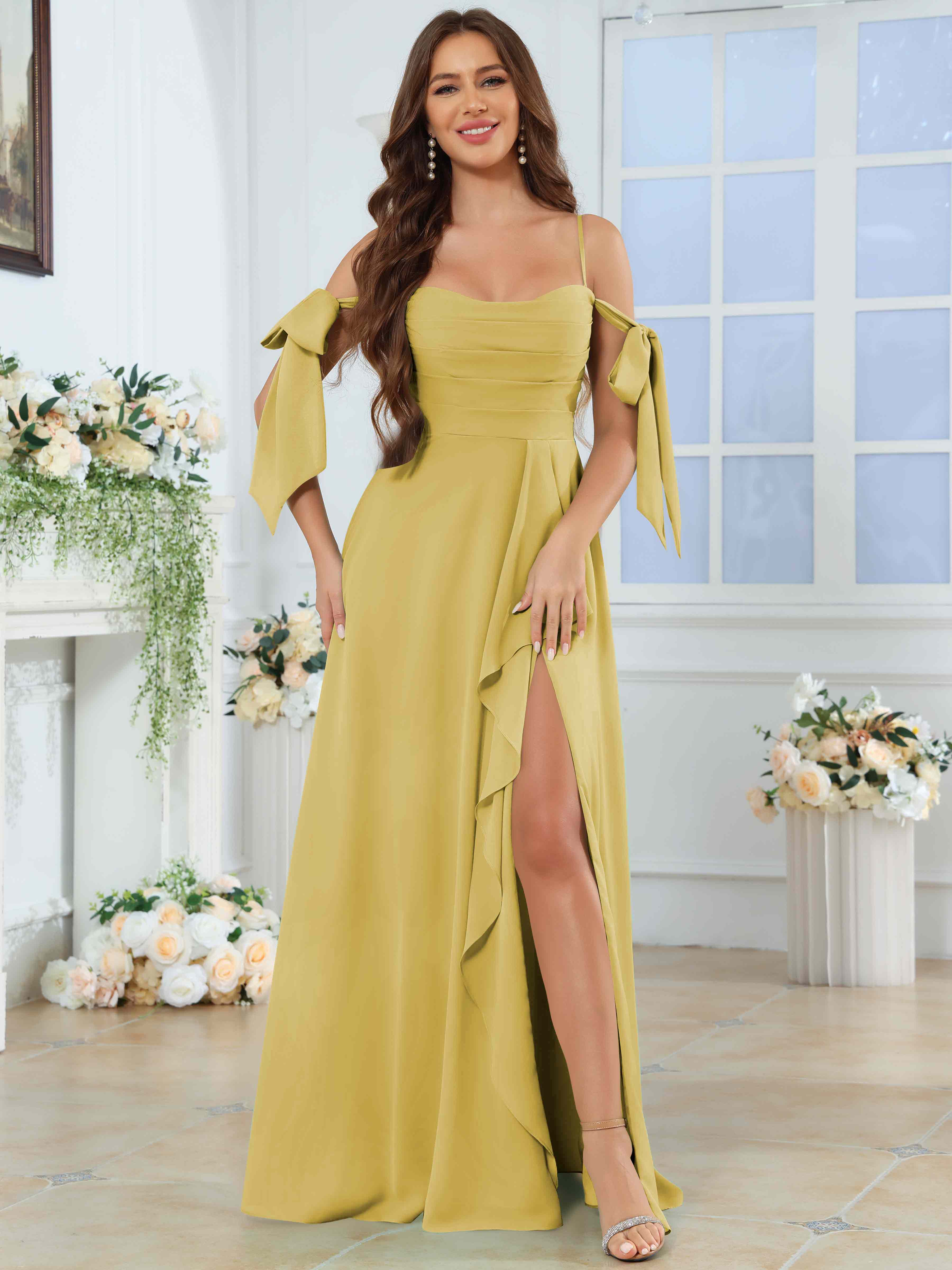 ROVDESY Spaghetti Strap Pleated Ruffle Slit Chiffon Bridesmaid Dress With Bow Sleeves