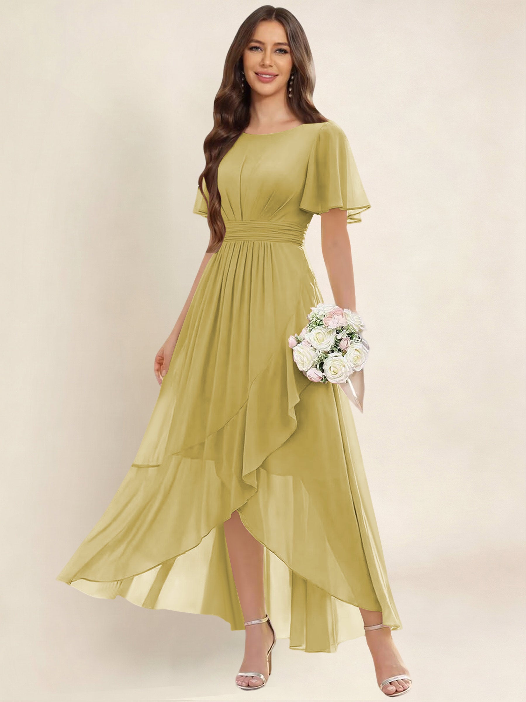 ROVDESY A-Line High Low Round Neck Pleated Ruffle Chiffon Bridesmaid Dress With Short Sleeves