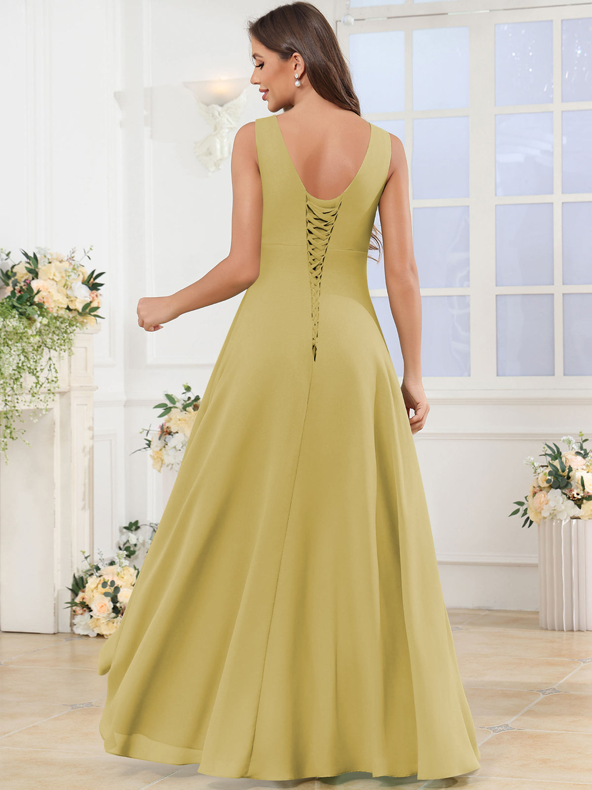 V Neck Chiffon A Line Ruffle Bridesmaid Dress with Slit