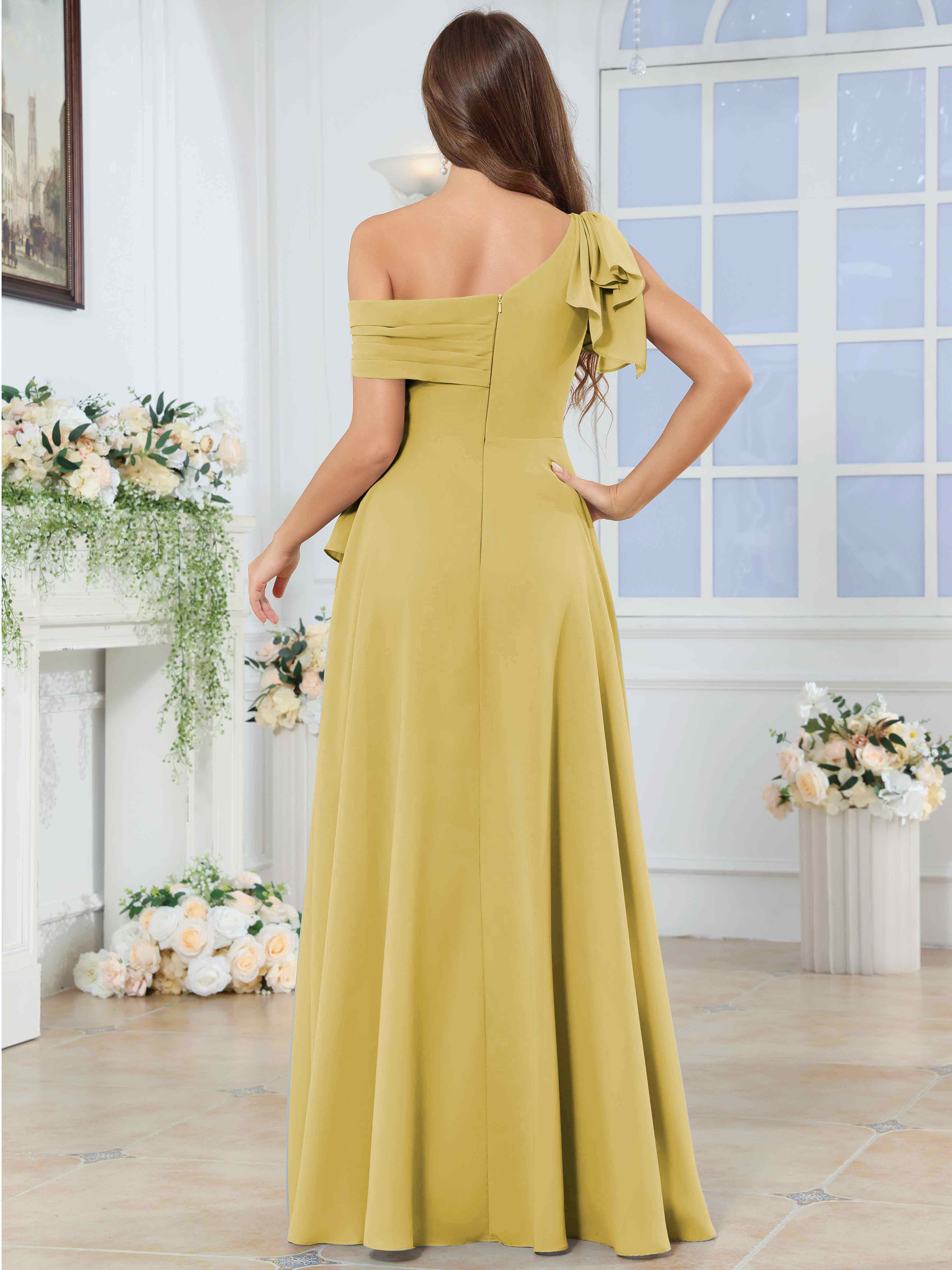 ROVDESY One Shoulder Pleated Ruffle Chiffon Bridesmaid Dress With Slit
