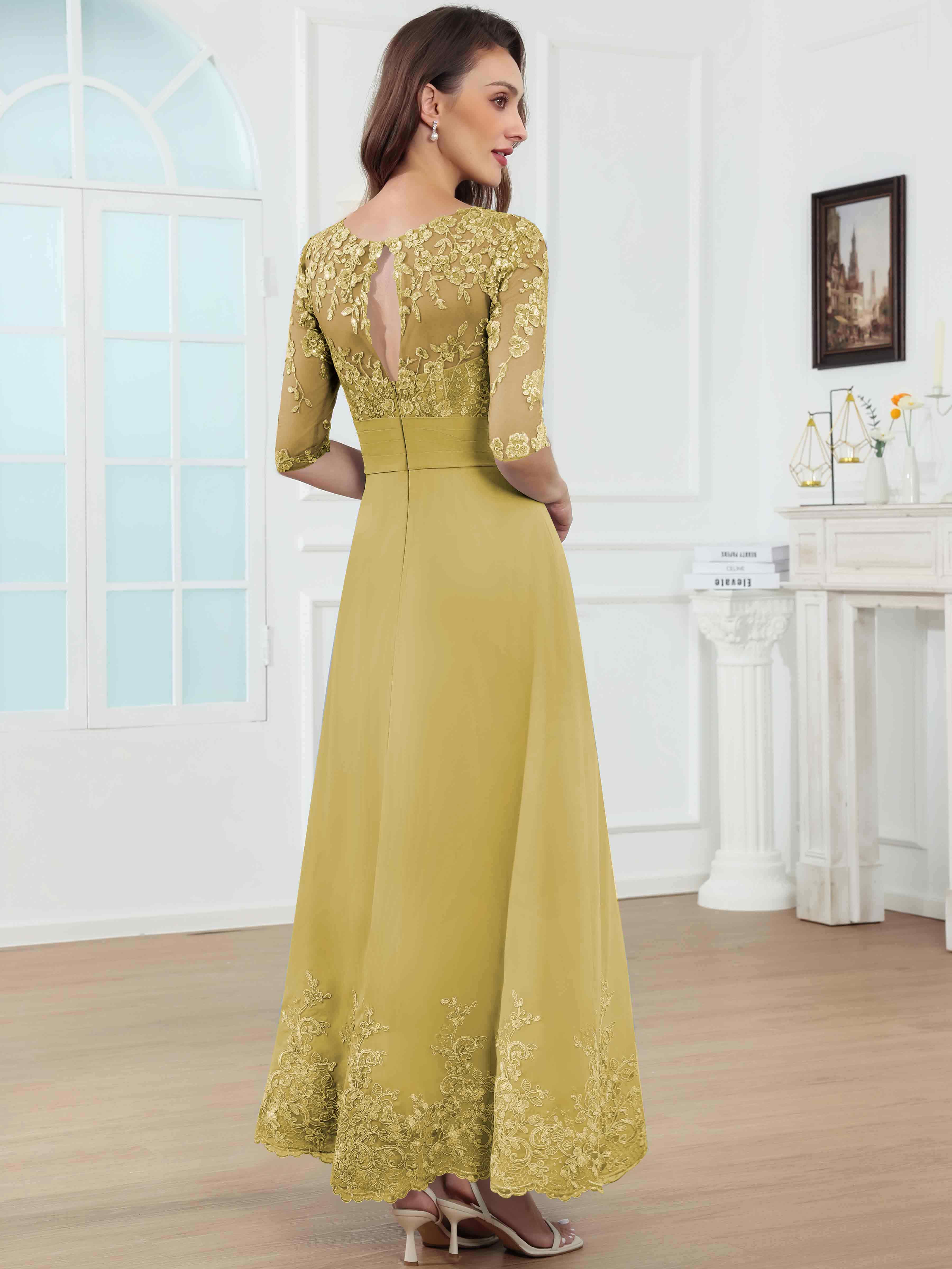 ROVDESY A-Line Lace Sequin Pleated Chiffon Mother Of The Bride Dress With Half Sleeves