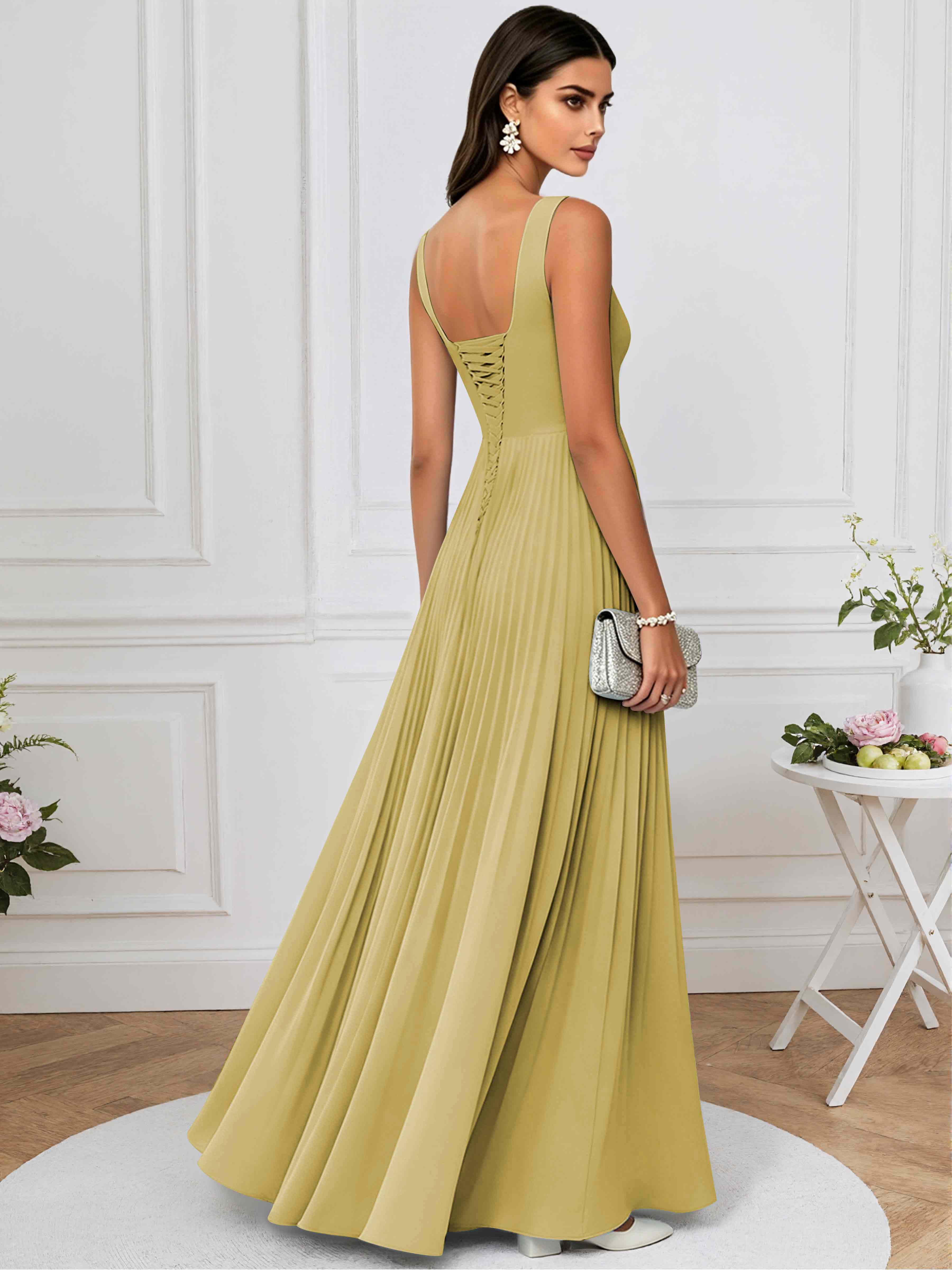 ROVDESY A-Line Square Neck Pleated Chiffon Long Bridesmaid/Prom Dress