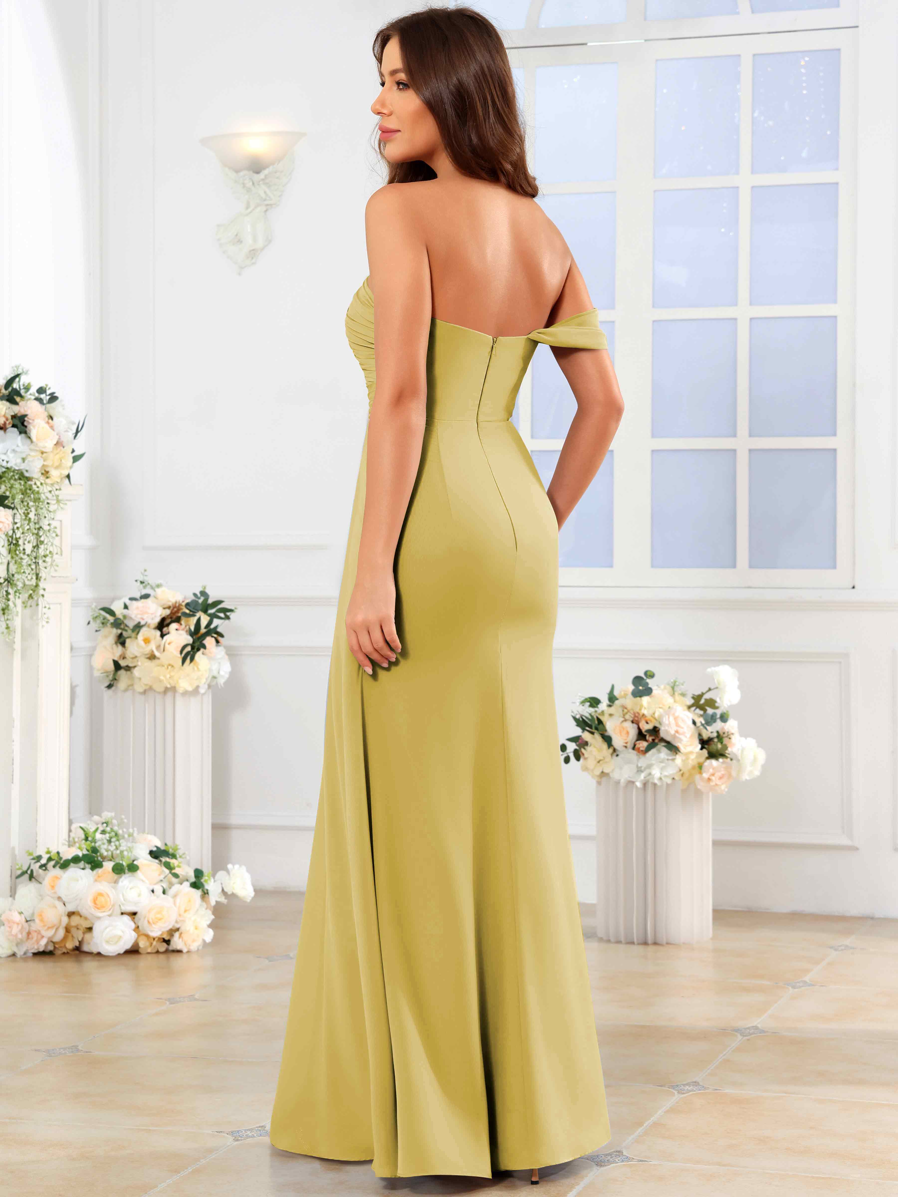 ROVDESY One Shoulder Off The Shoulder Pleated Chiffon Bridesmaid Dress