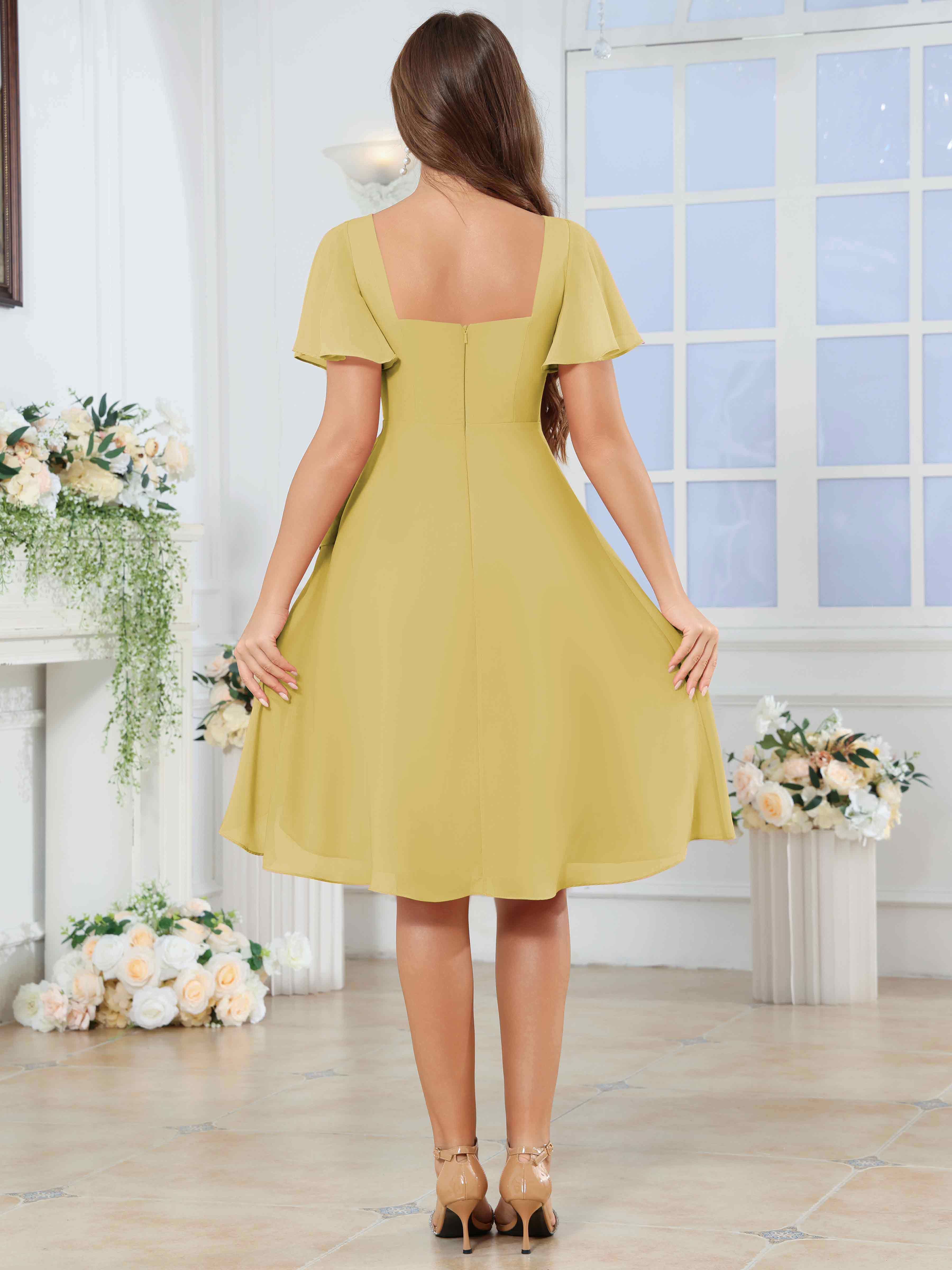 ROVDESY Knee Length V-Neck Pleated Chiffon Bridesmaid Dress With Short Sleeves
