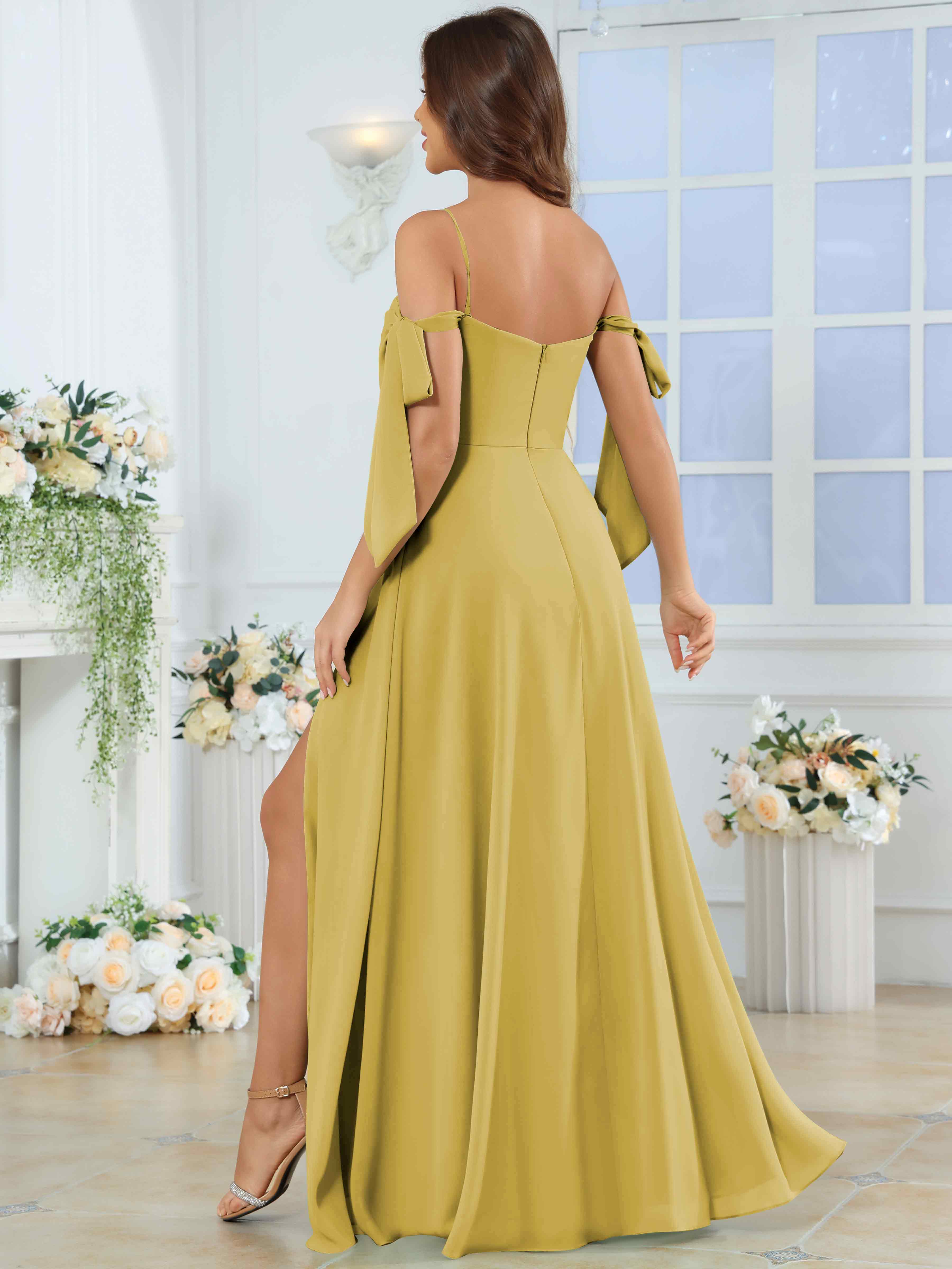 ROVDESY Spaghetti Strap Pleated Ruffle Slit Chiffon Bridesmaid Dress With Bow Sleeves