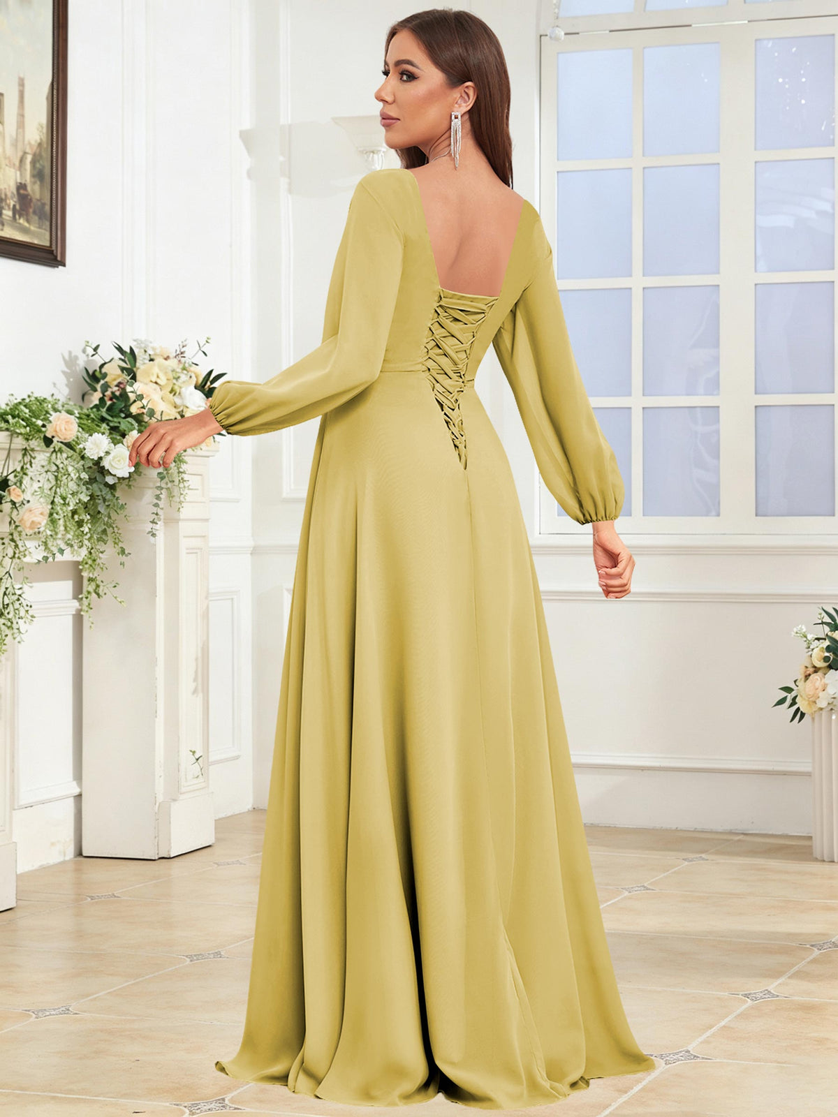 V Neck Chiffon Long Sleeve Bridesmaid Dresses with Slit