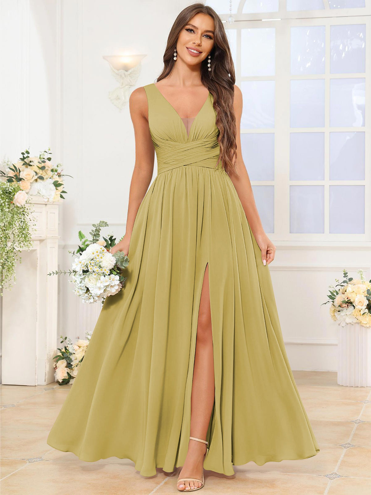 V Neck Chiffon A Line Bridesmaid Dress with Slit
