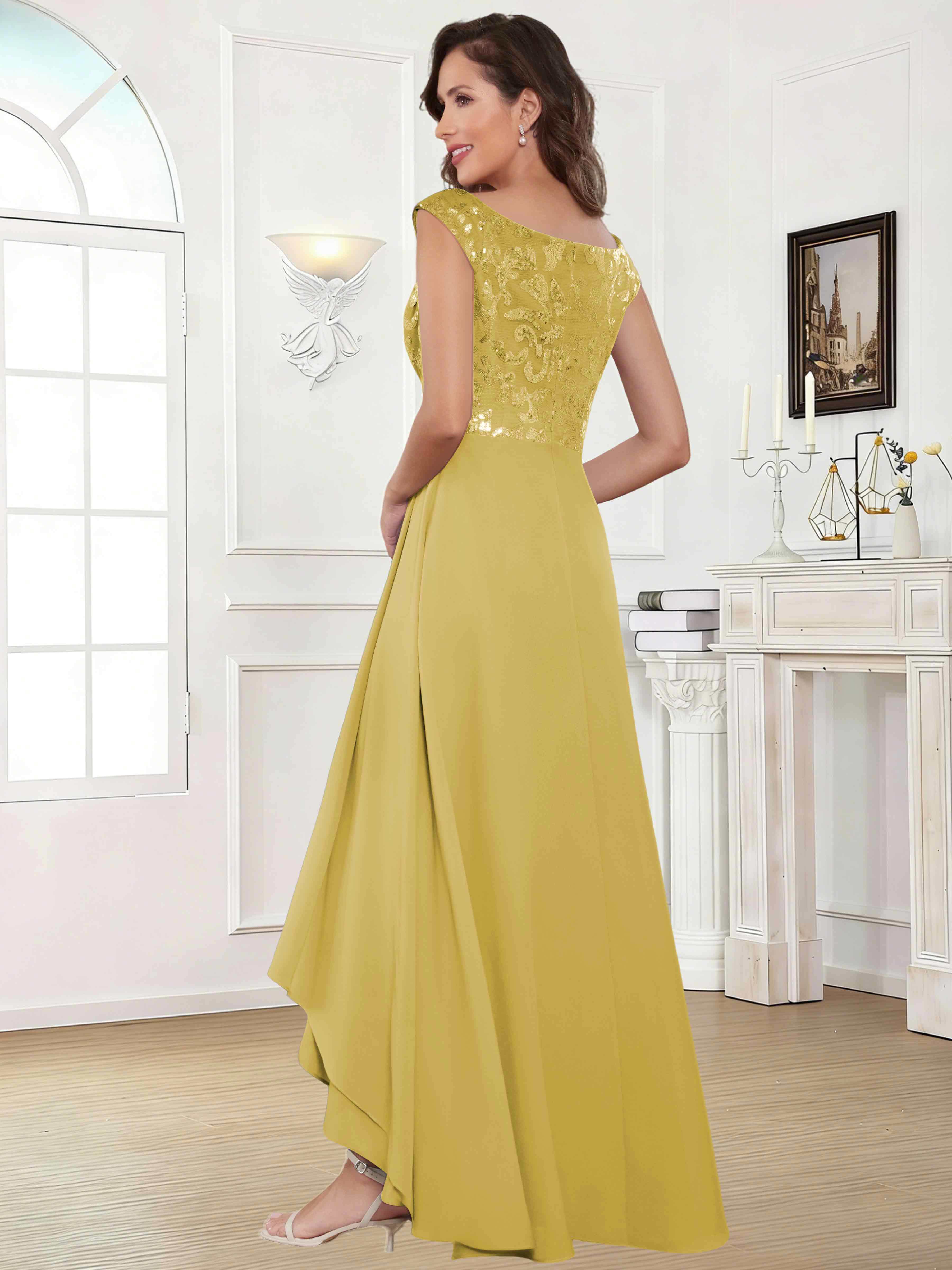 ROVDESY Tea Length Off-The-Shoulder Sequin Chiffon Mother Of The Bride Dress