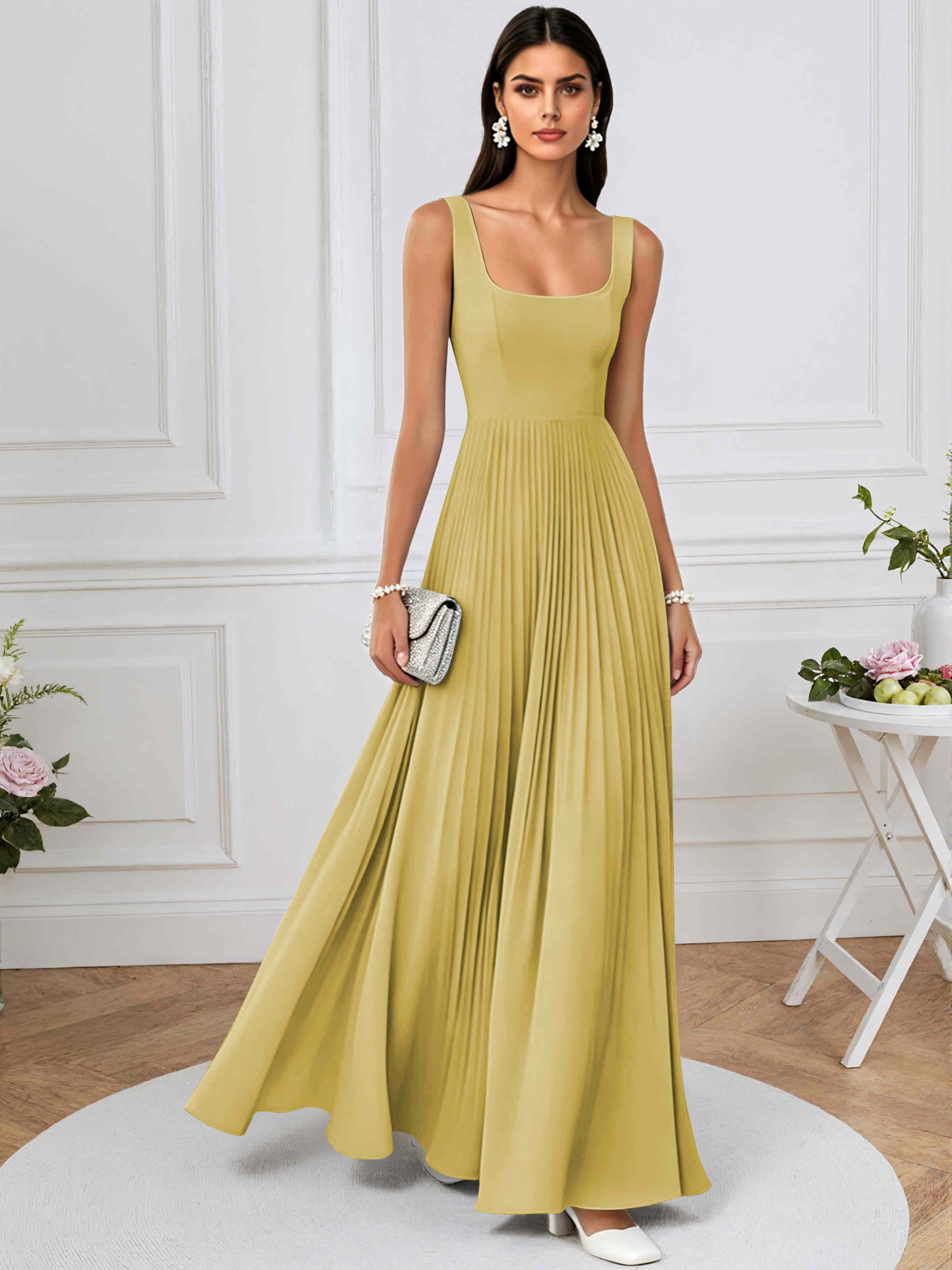 ROVDESY A-Line Square Neck Pleated Chiffon Long Bridesmaid/Prom Dress