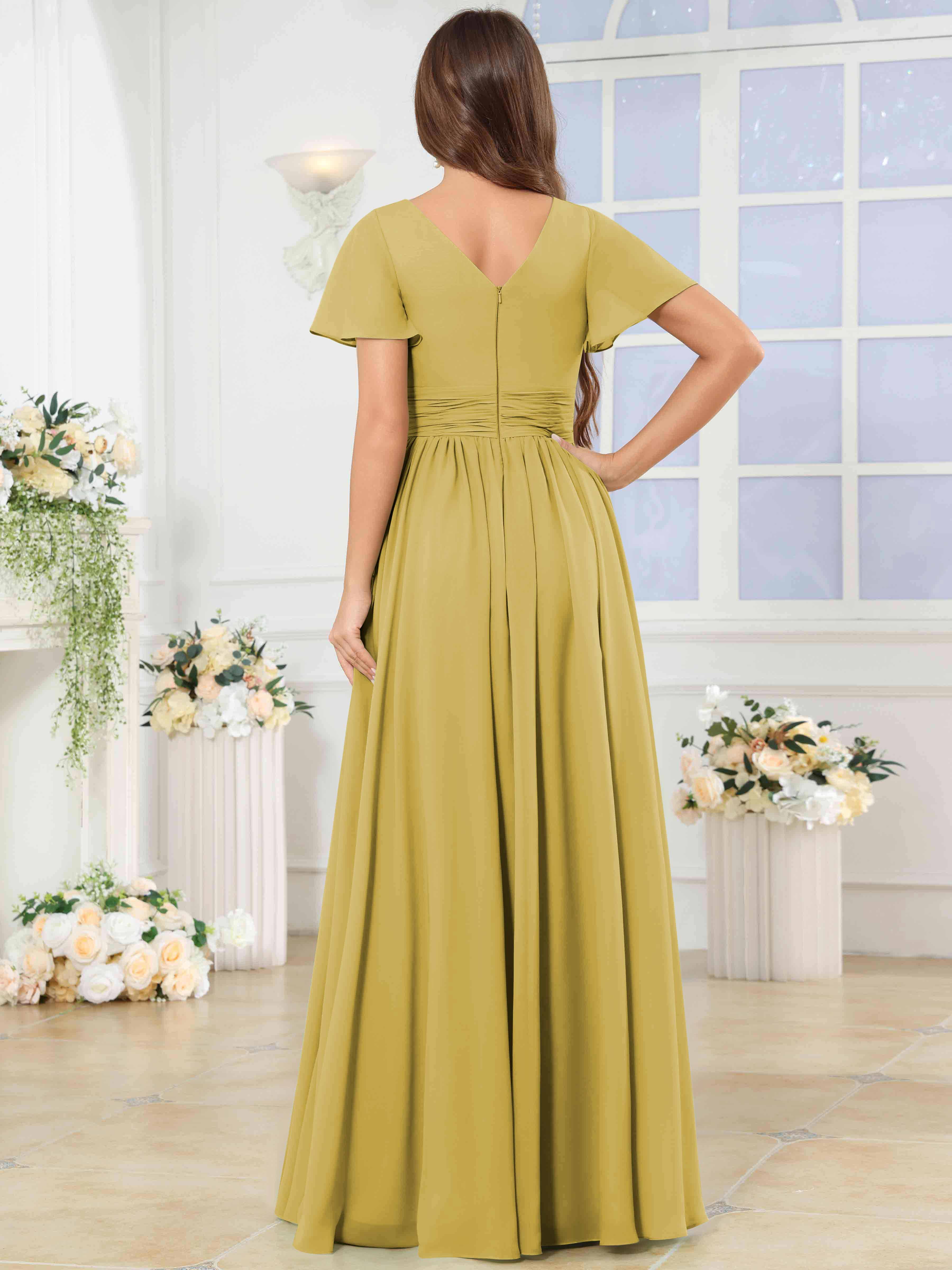 ROVDESY A-Line V-Neck Slit Pleated Ruffle Chiffon Bridesmaid Dress With Short Sleeves