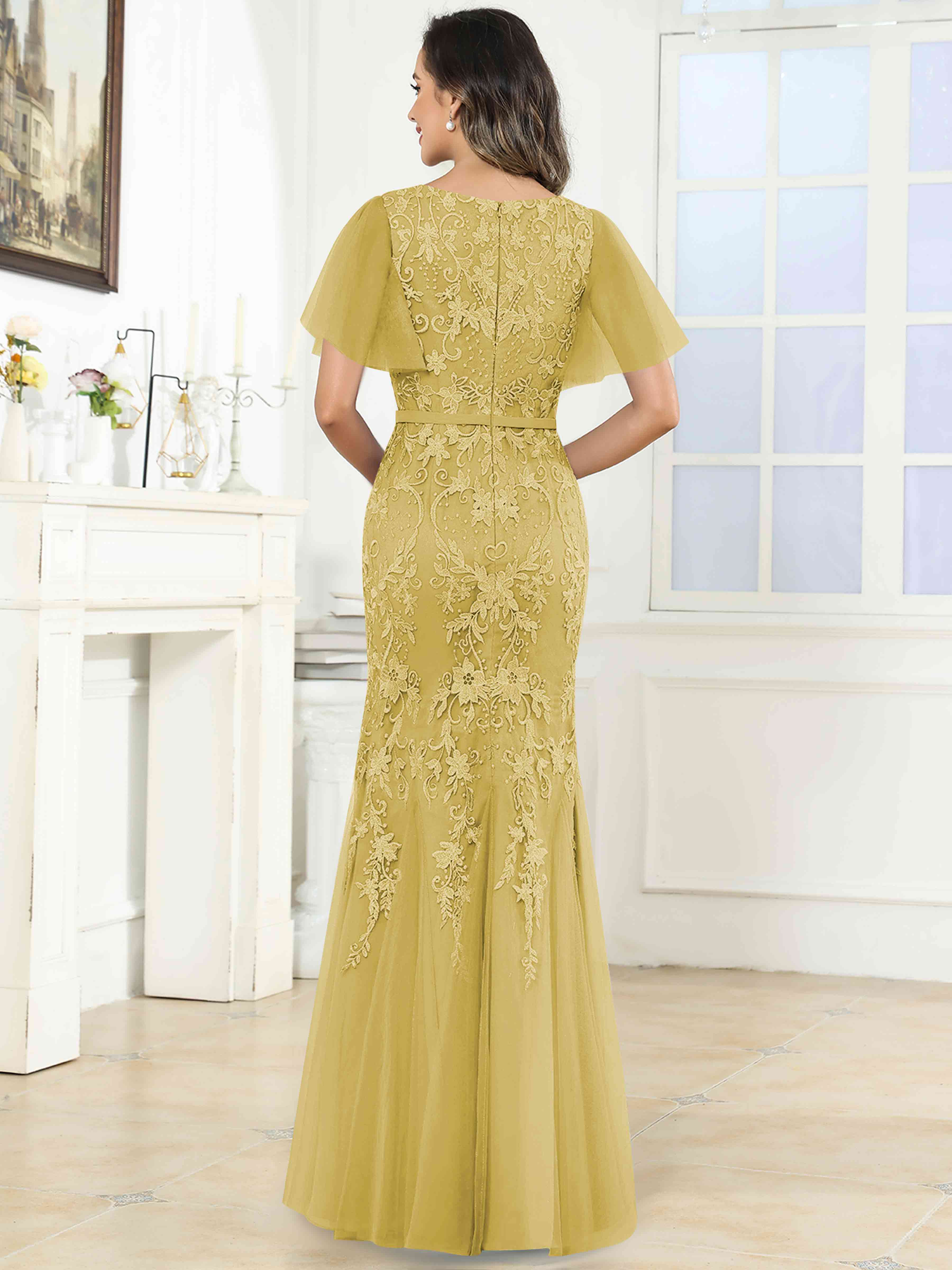 ROVDESY Elegant V-Neck Lace Mermaid Long Mother Of The Bride Dress Formal Gown With Sleeves