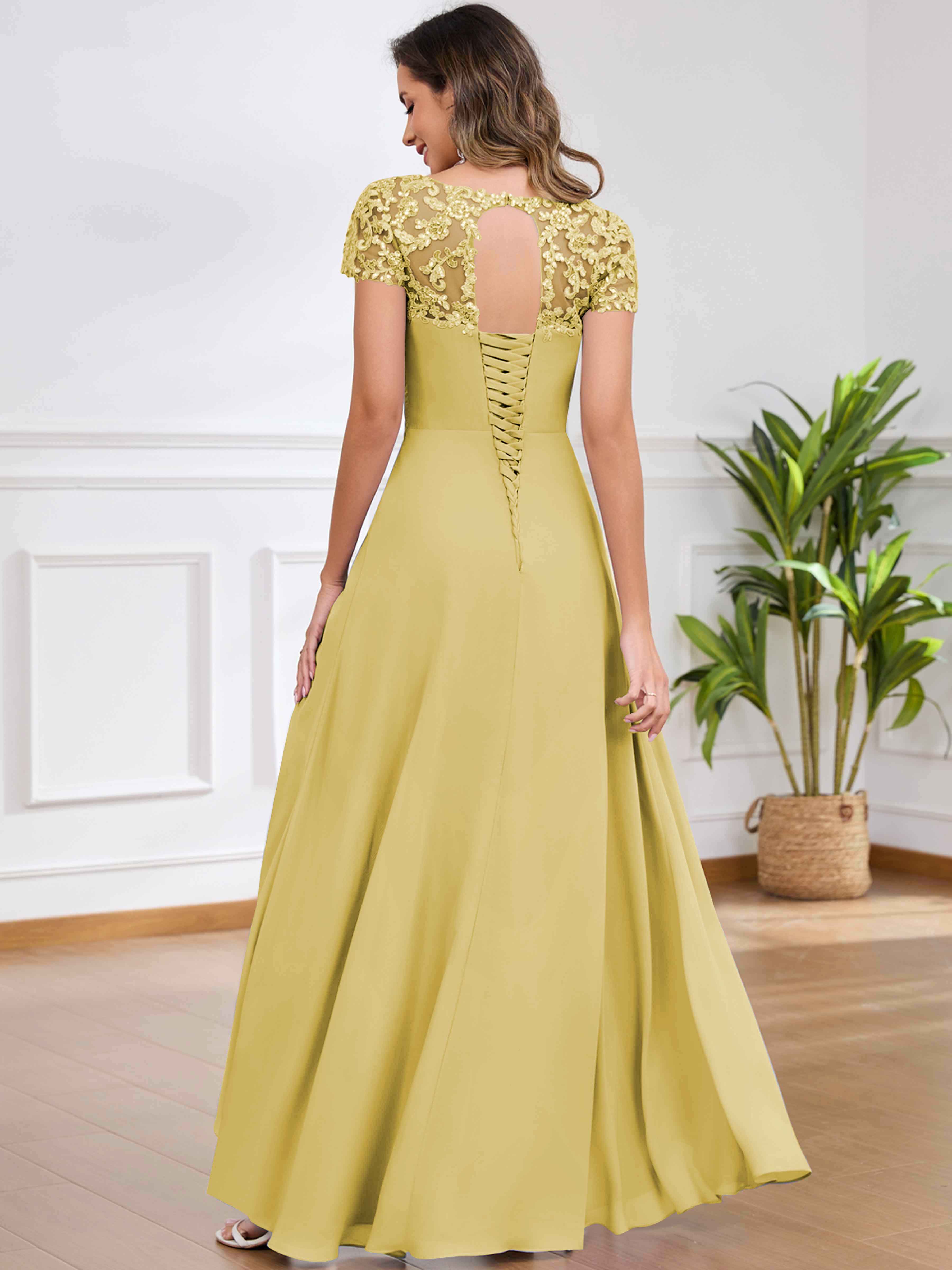 ROVDESY A-Line Pleated Lace Sequin Ruffle Chiffon Mother Of The Bride Dress With Slit