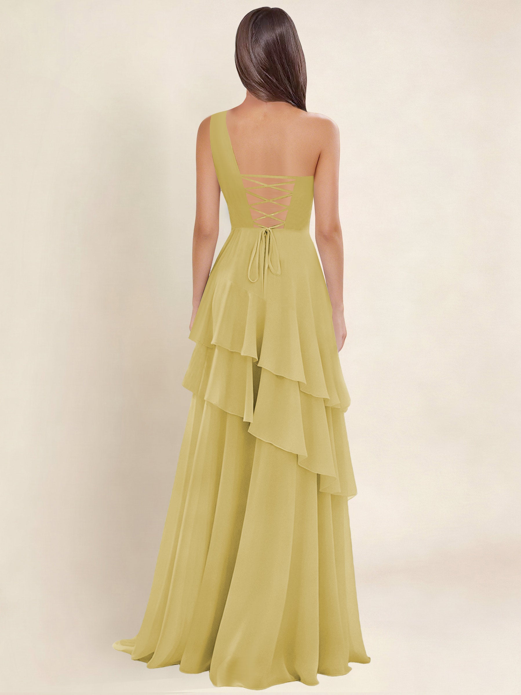 ROVDESY A-Line One Shoulder Pleated Tiered Chiffon Bridesmaid Dress