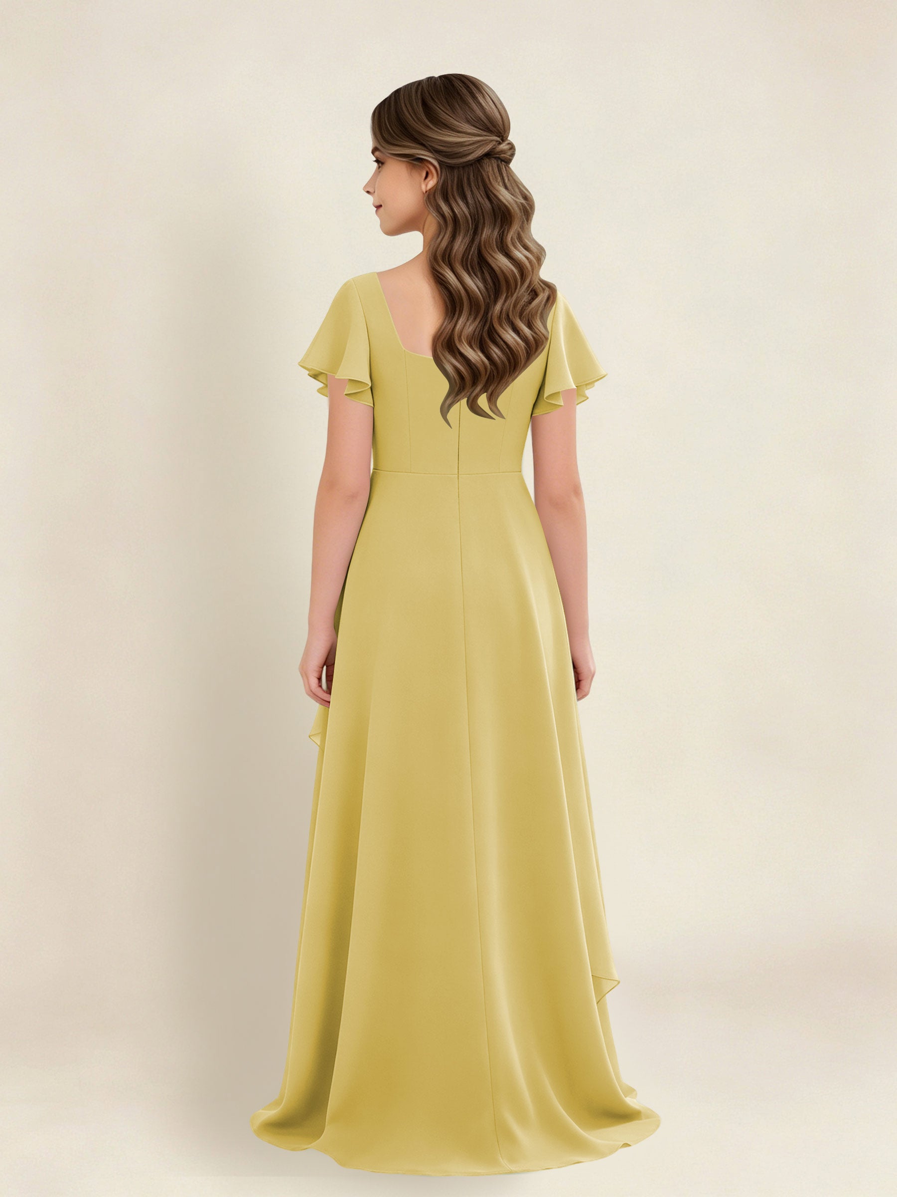 ROVDESY A-Line Square Neck Ruffle Chiffon Junior Bridesmaid Dress With Short Sleeves