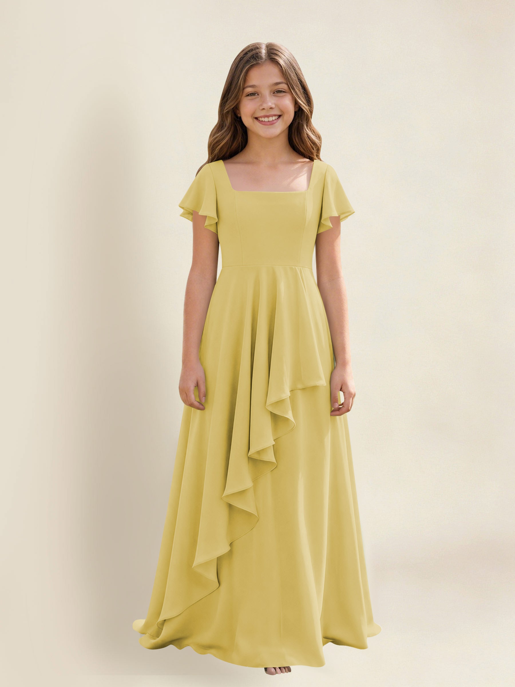 ROVDESY A-Line Square Neck Ruffle Chiffon Junior Bridesmaid Dress With Short Sleeves