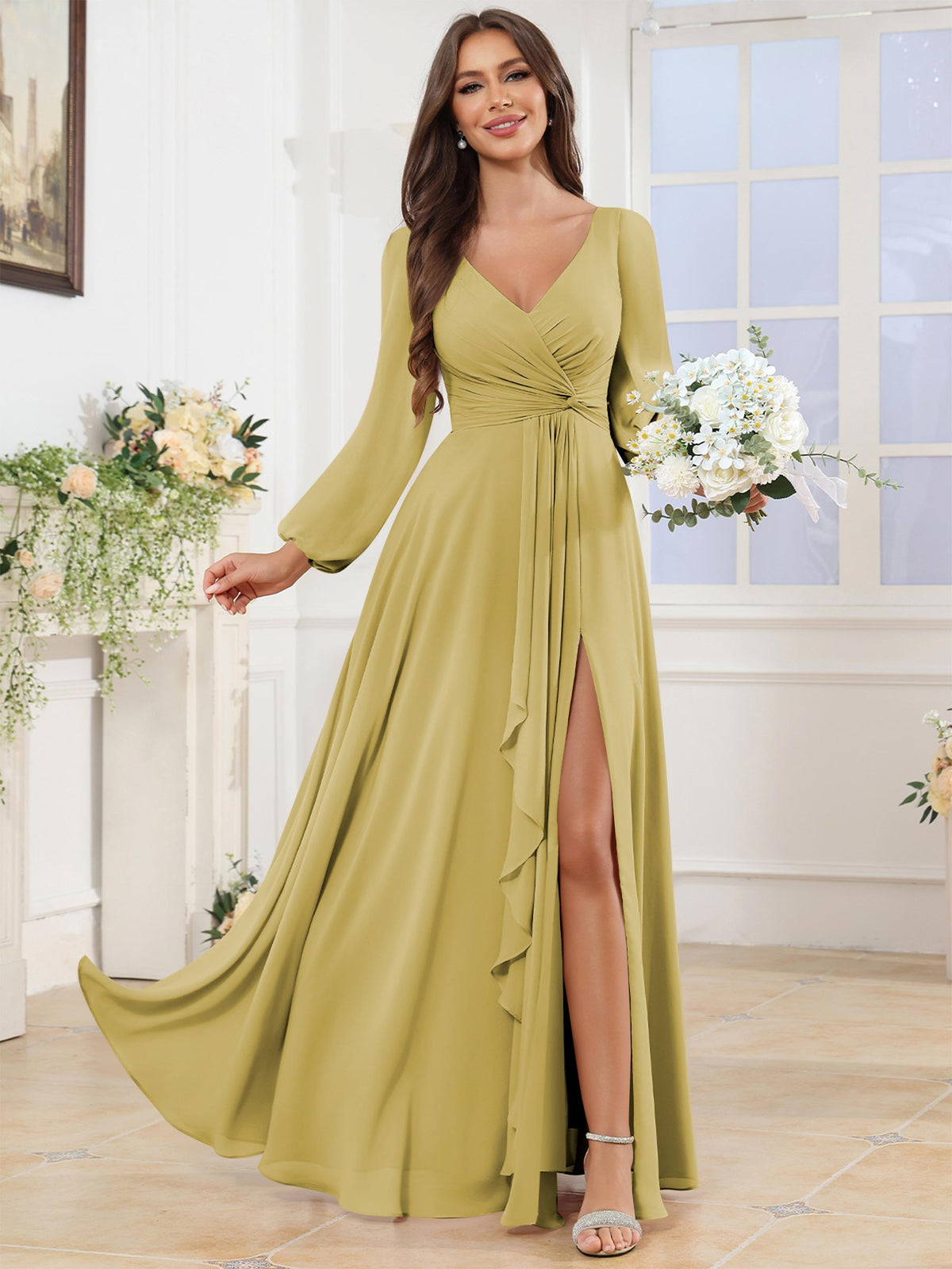 V Neck Chiffon Long Sleeve Bridesmaid Dresses with Slit