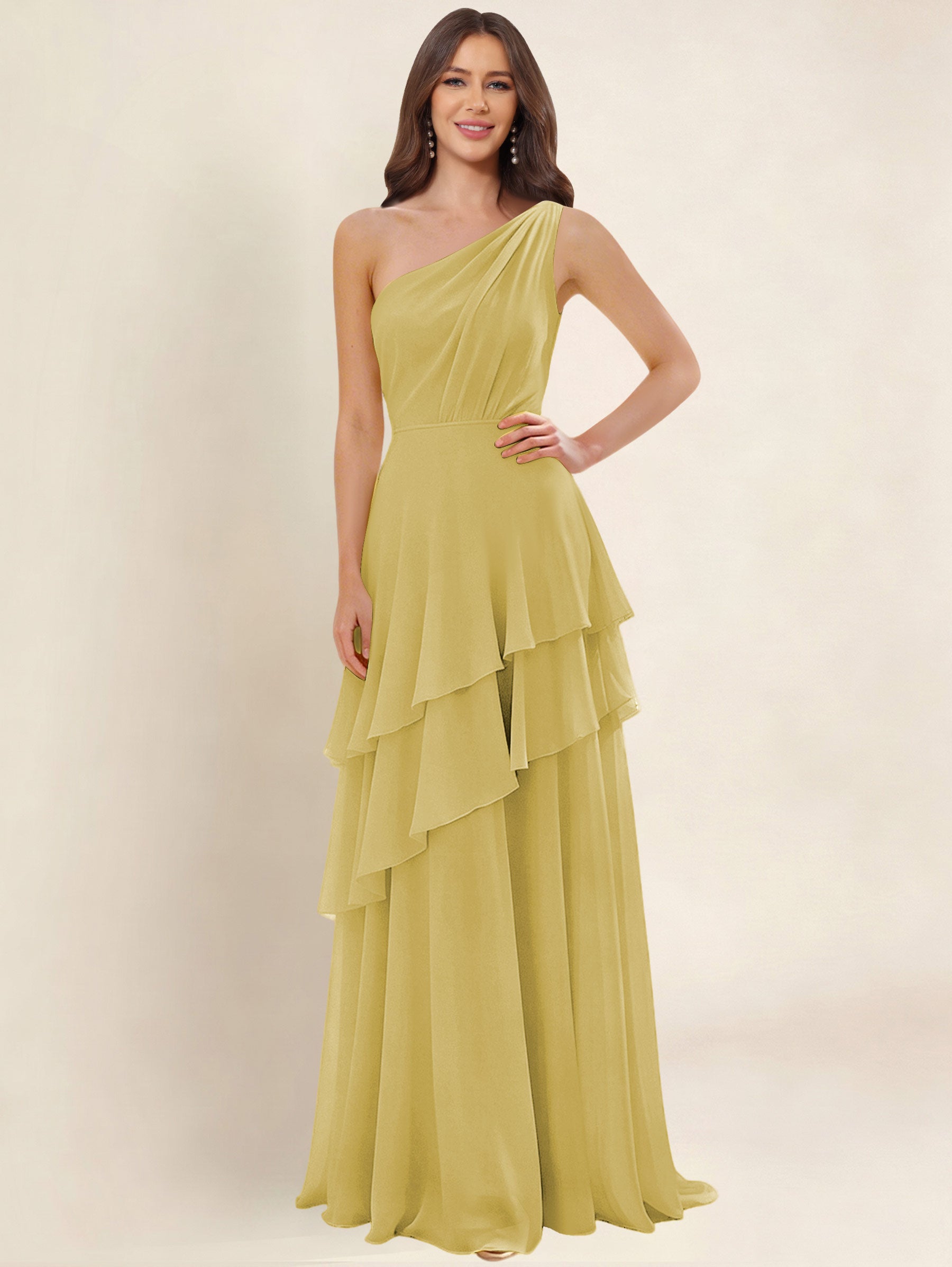 ROVDESY A-Line One Shoulder Pleated Tiered Chiffon Bridesmaid Dress