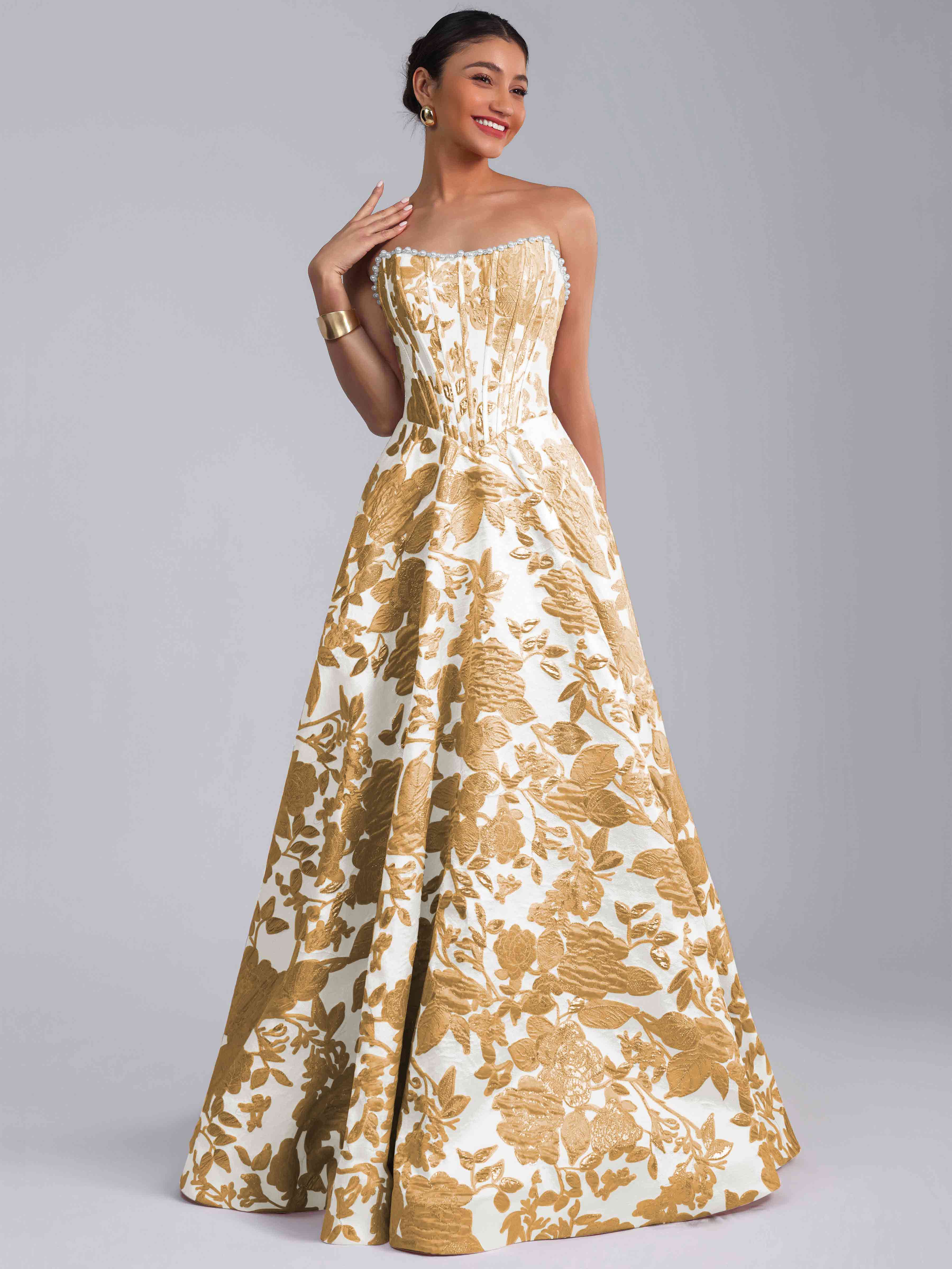 ROVDESY A-Line Strapless Jacquard Satin Prom Dress Long Ball Gown