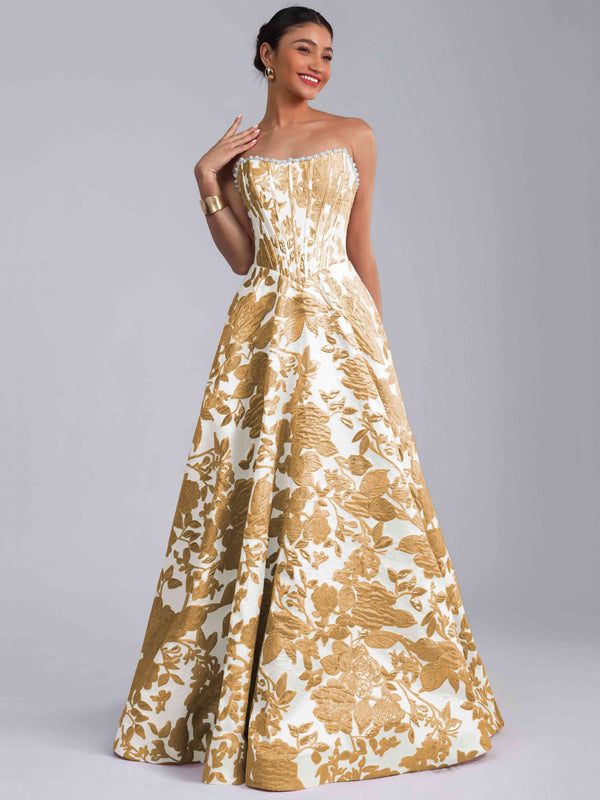 A-Line Strapless Jacquard Satin Prom Dress Long Ball Gown