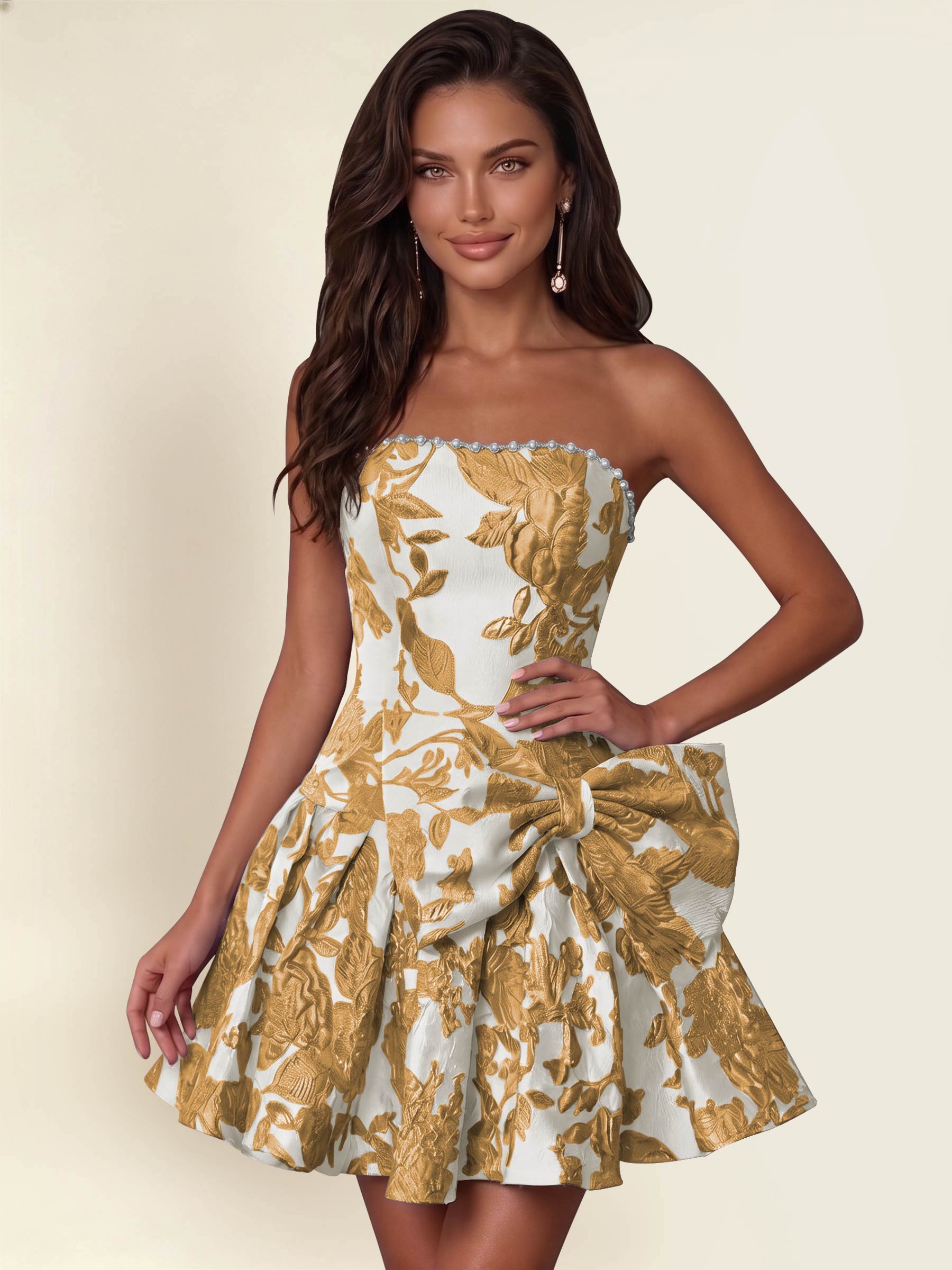ROVDESY A-Line Strapless Jacquard Satin Homecoming Mini Dress With Big Bow