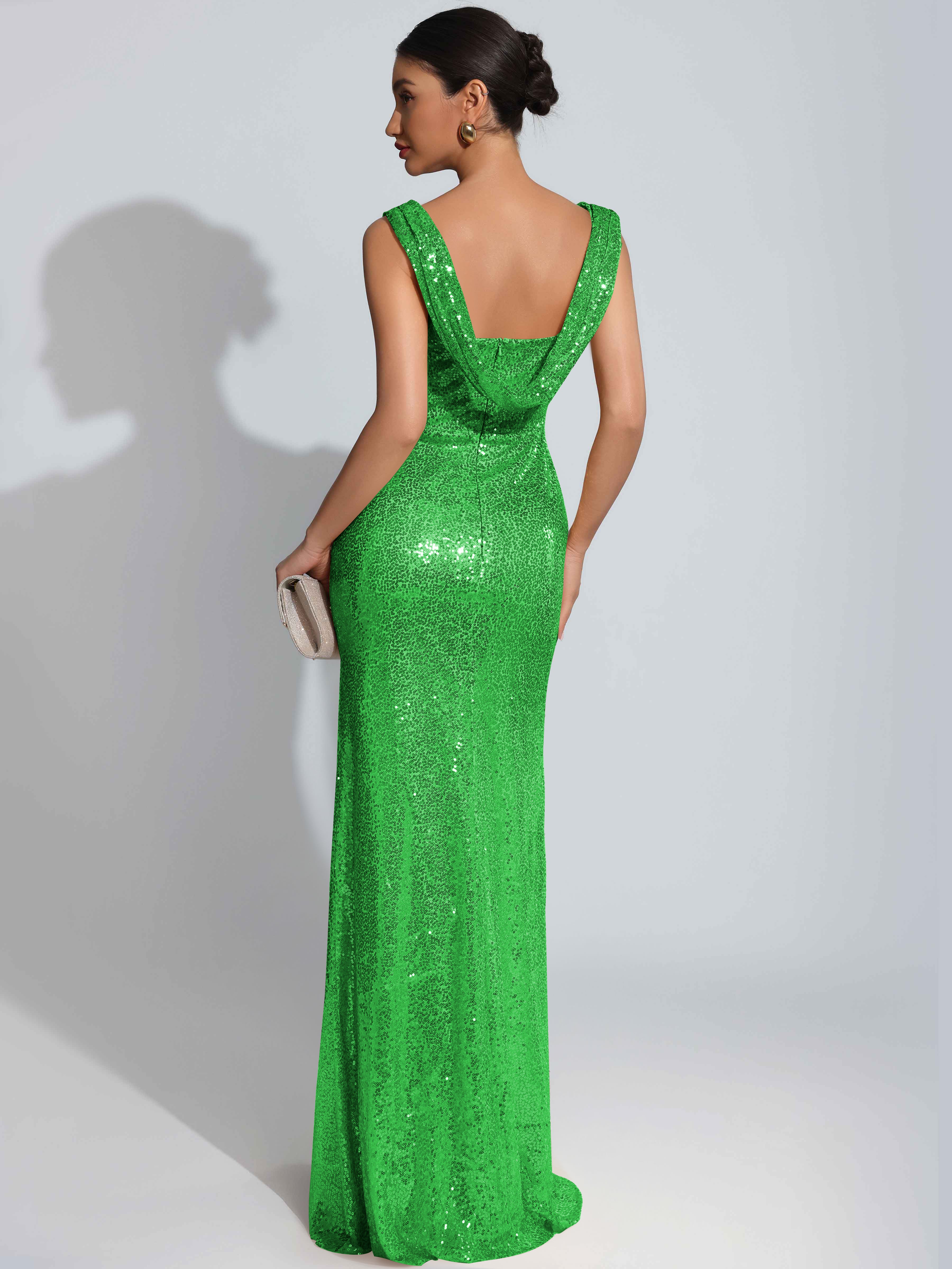 ROVDESY Sparkly Bateau Mermaid Ruched Sequin Long Prom Dress with Slit