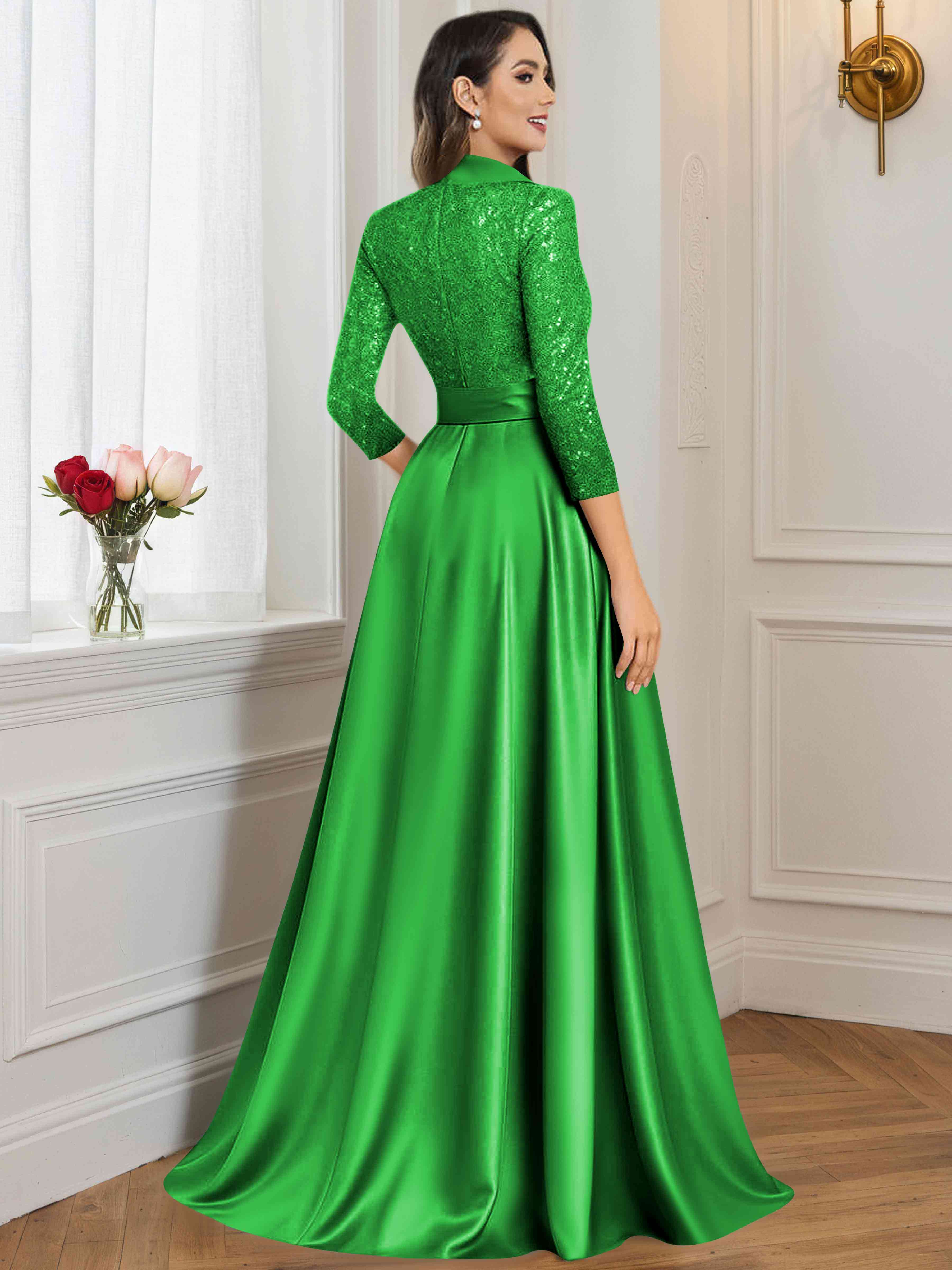 ROVDESY A-Line V Neck Sequin Satin  Long Mother of The Bride Dress Formal Gown With 3/4 Sleeves