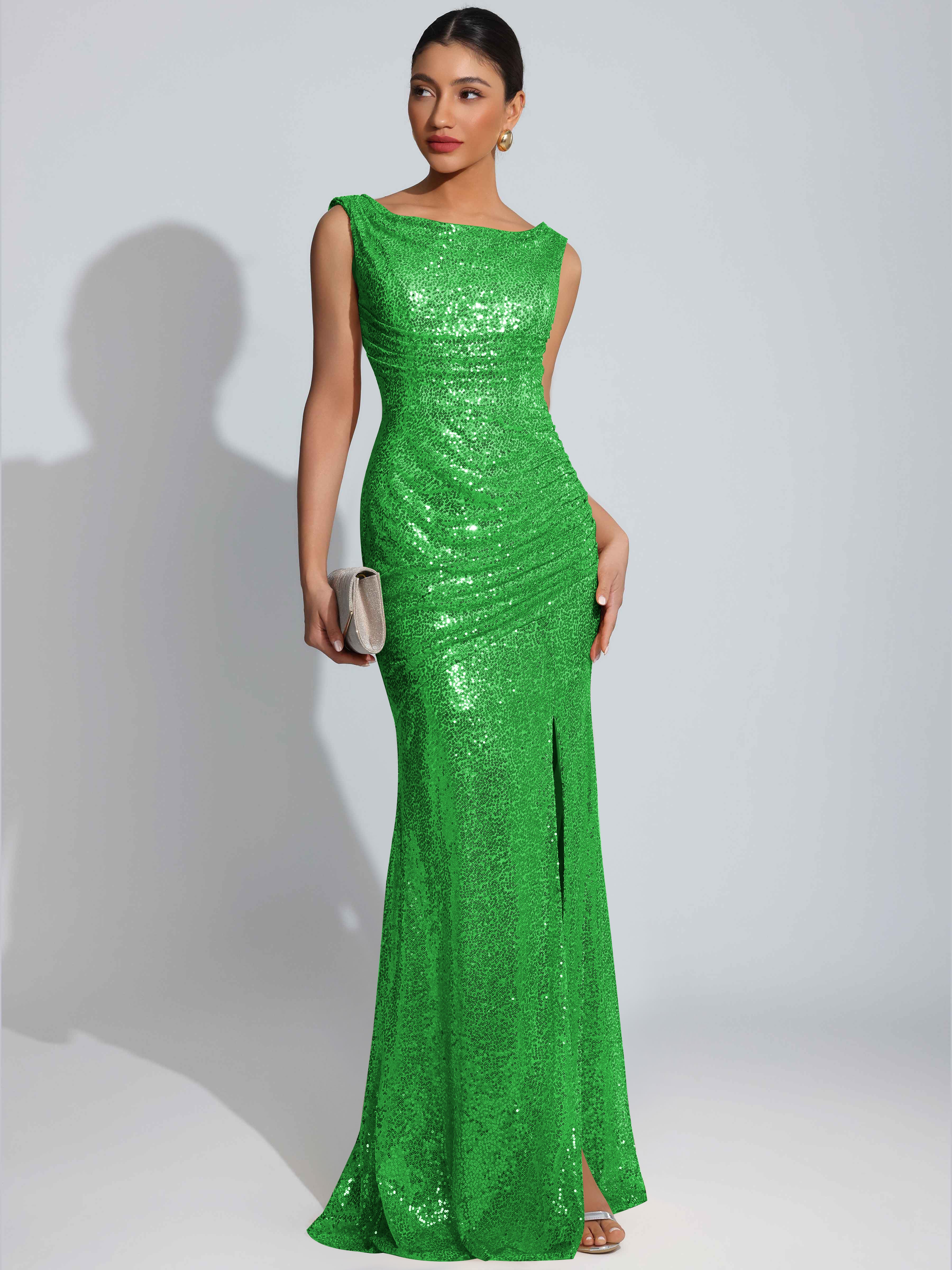 ROVDESY Sparkly Bateau Mermaid Ruched Sequin Long Prom Dress with Slit
