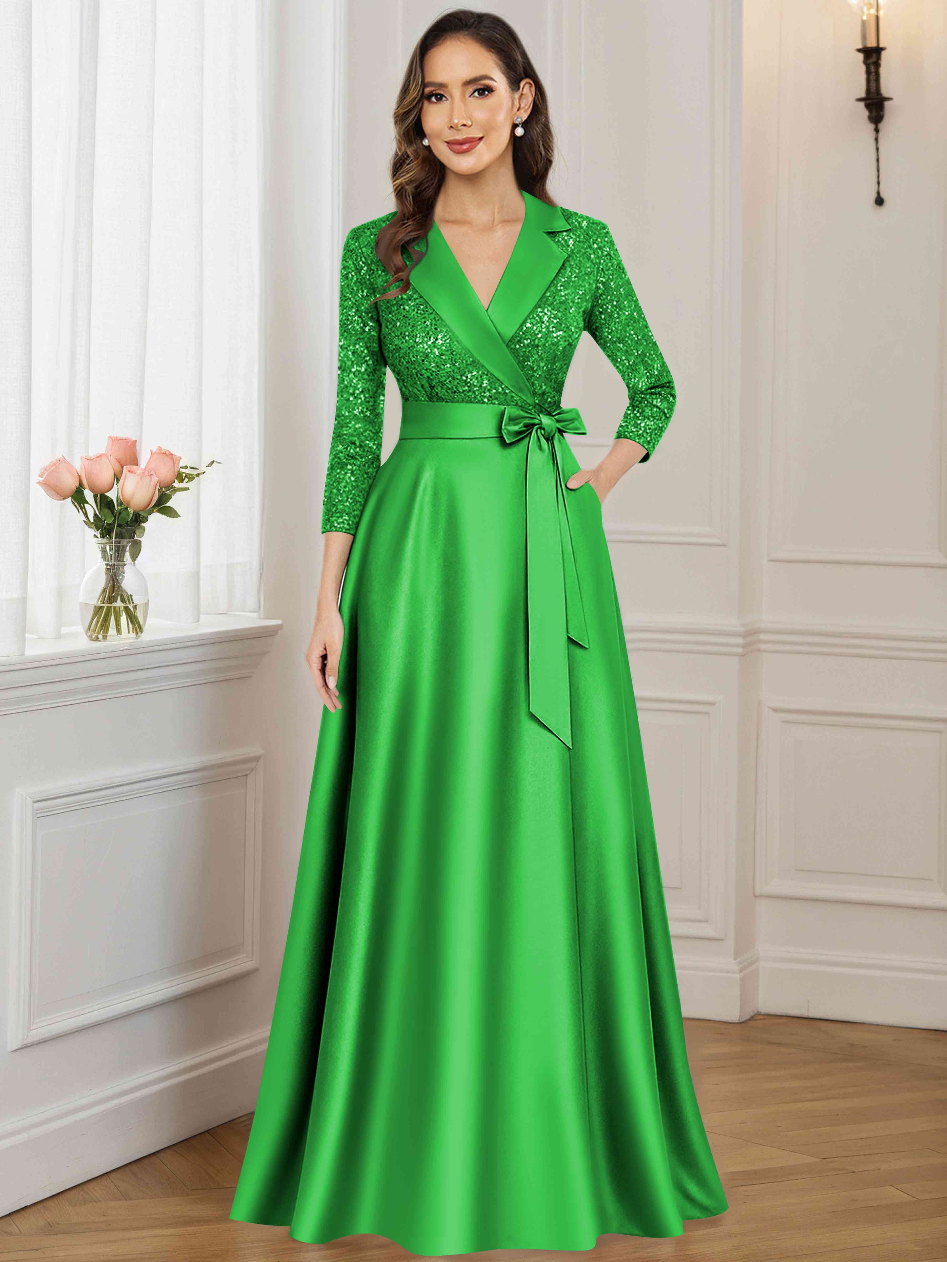 ROVDESY A-Line V Neck Sequin Satin  Long Mother of The Bride Dress Formal Gown With 3/4 Sleeves
